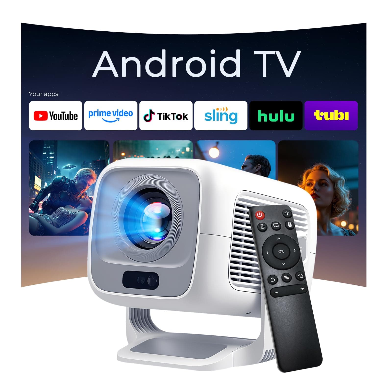 [1080P Natif/Auto Focus] Intelligent Vidéoprojecteur 4K Support avec WiFi 6 et Bluetooth 5.4 Mini Smart Projecteur Rotation 270° Auto Keystone Portable Projector Compatibile avec HDMI/USB/iPhone