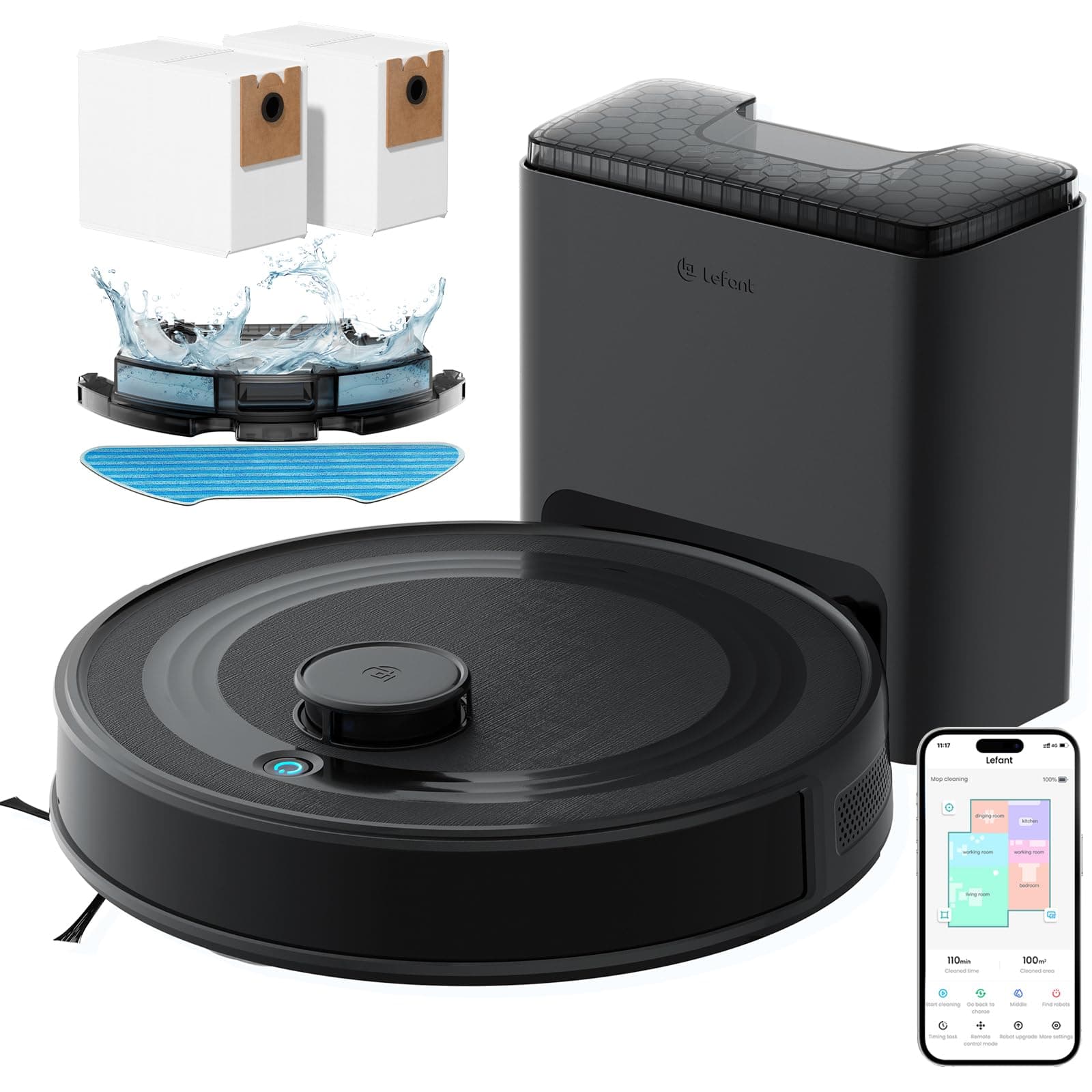 Lefant M2 Plus Robot Aspirapolvere Lavapavimenti con Mappatura, Navigazione Laser dToF +Ostacoli PSD, 6000Pa, Stazione di Raccolta 2,5L, Pulizia Personalizzata, WiFi/App/Alexa