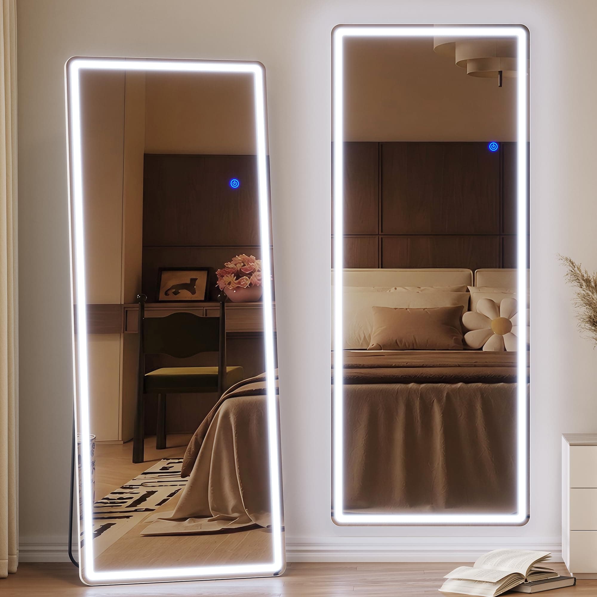 ZKIODV 165x65cm Espejo de pie Cuerpo Entero LED, Grande Espejo de Pared con Luz, Espejo de Cuerpo Entero Rectangular, Suspensión Vertical y Horizontal, Espejo Vestidor para Dormitorio, Salón (Blanco)