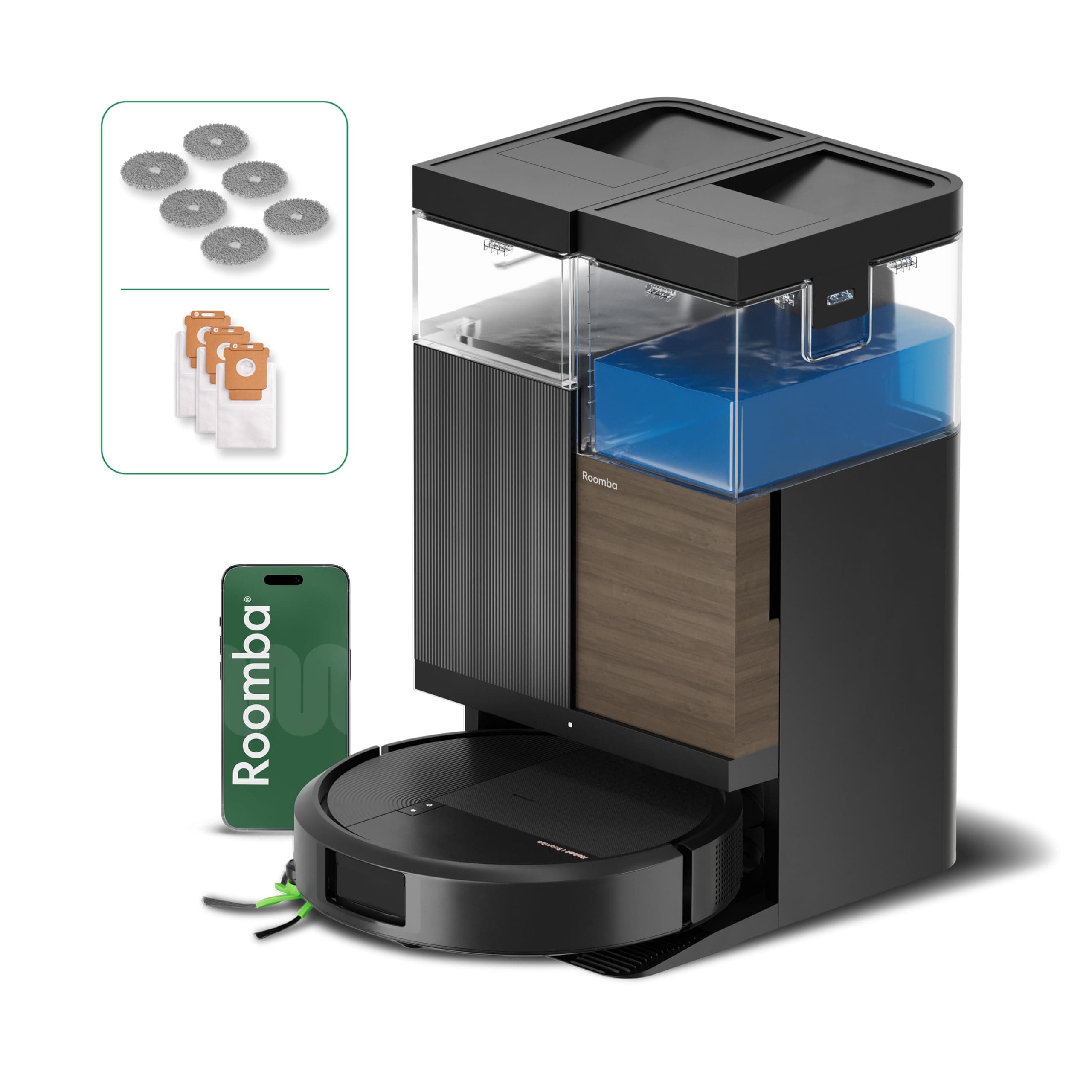 iRobot Roomba Plus 576 Combo Robot+AutoWash- 25KPa -Base Multifonction - Lavage à 75°C - séchage des lingettes à 45°C - LiDAR Clearview+Caméra - 3 mois d'autovidage - Accessoires supplémentaires- Noir