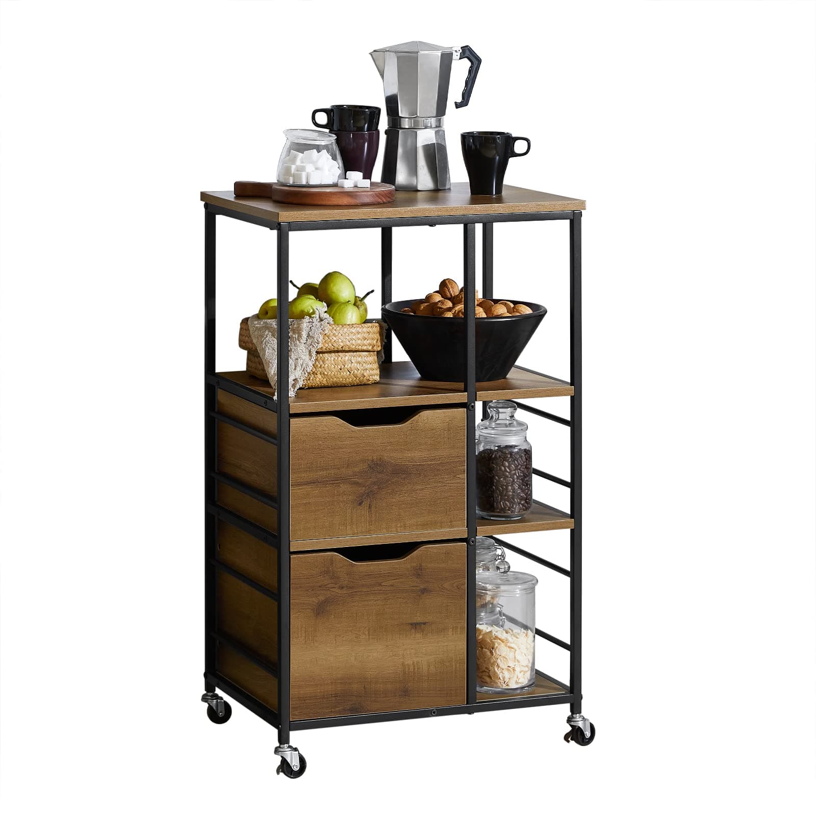 SoBuy Carrello cucina industriale mobile salvaspazio con cassetti e ripiani mobile cucina con ruote per credenza cassettiera, isola cucina compatta per piccoli spazi Marrone 89x53x37cm FKW111-PF