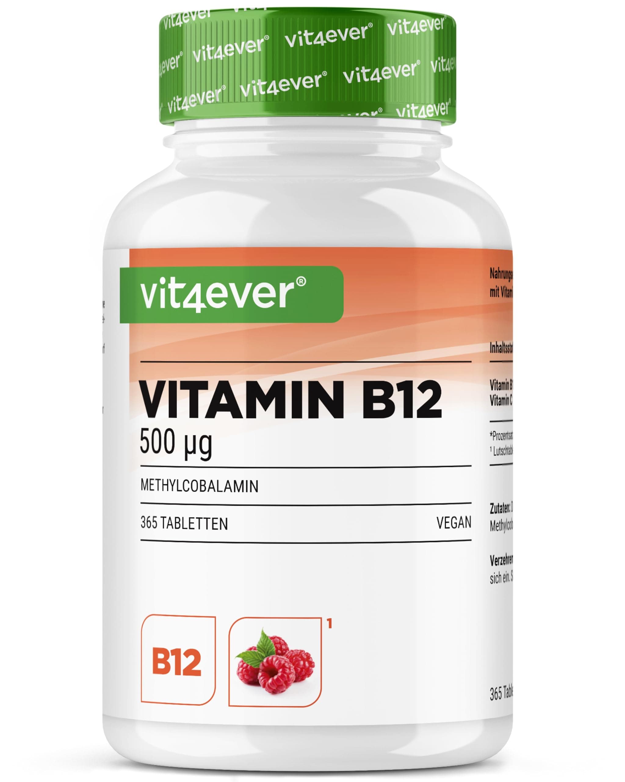 Vitamin B12 Himbeere - 365 Lutschtabletten im Jahresvorrat - Premium: 500 mcg aktives Methylcobalamin + Vitamin C - Hochdosiert - Vegan