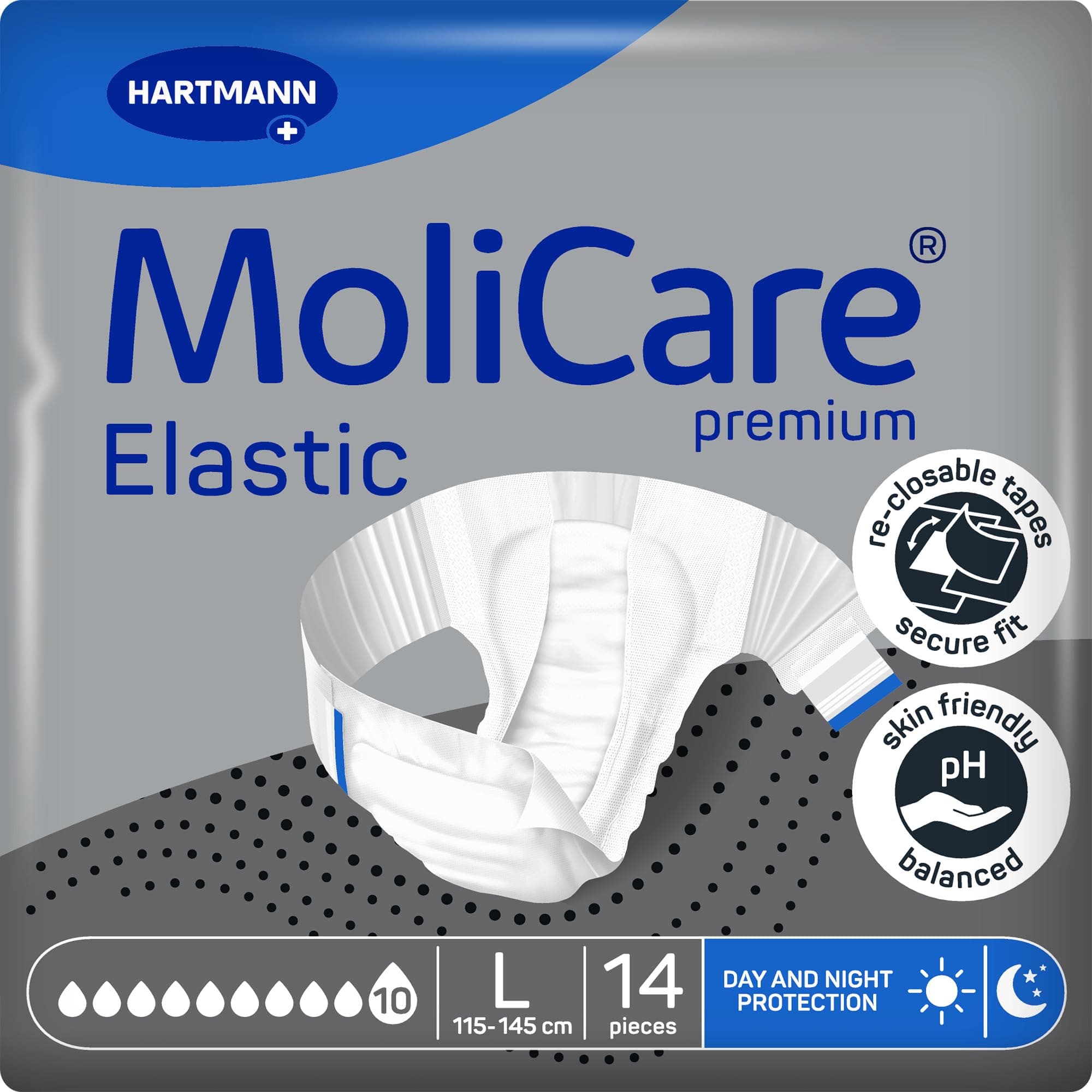 MoliCare premium Elastic Inkontinenzslips – 10 Tropfen | Hochsaugfähige Einwegwindeln für Männer und Frauen mit sehr schwerer Inkontinenz für die Nacht | Größe L | 14 Stück