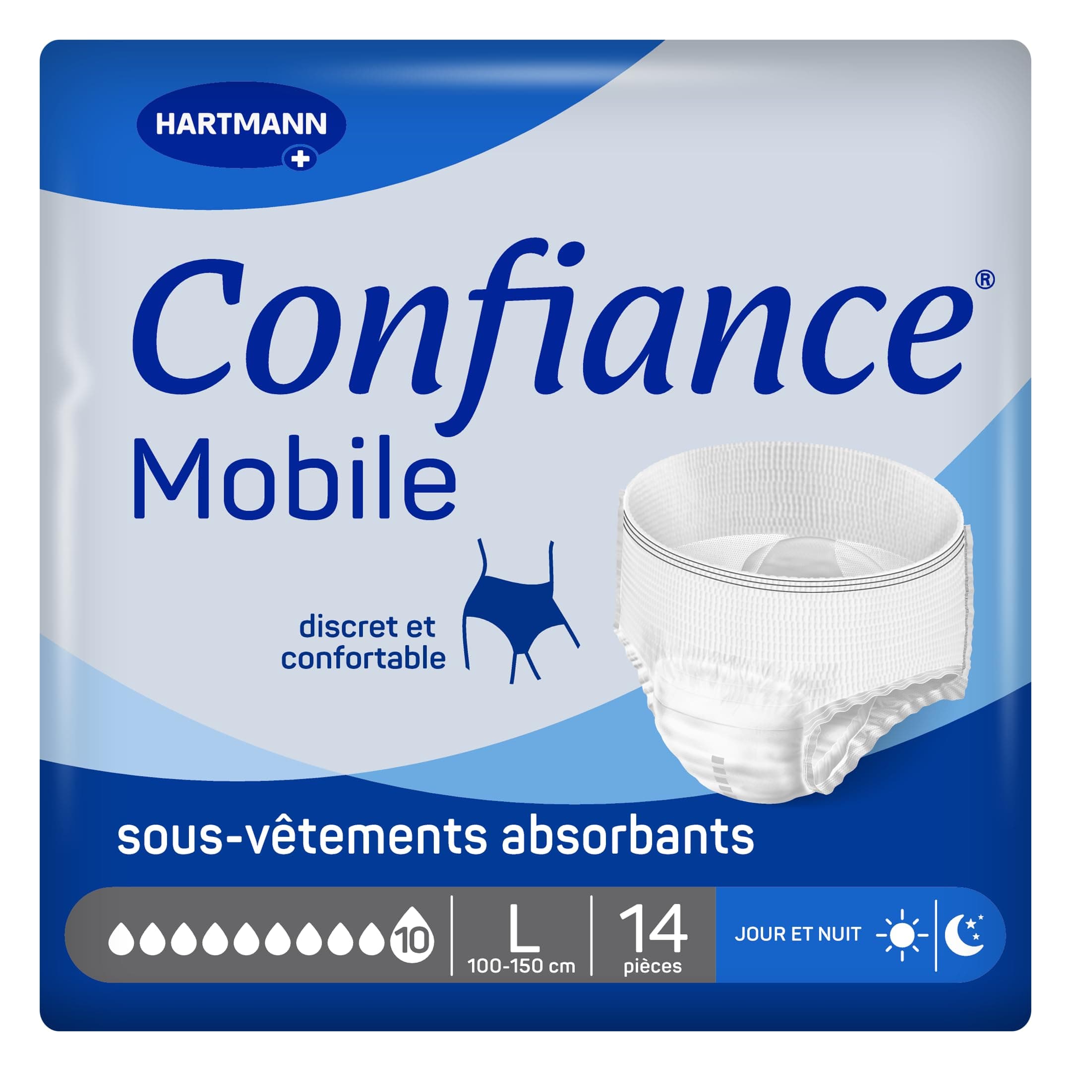 Confiance Mobile - Slips Absorbants pour Hommes et Femmes - Niveau d'Absorption = 10 gouttes (Fuites Urinaires Importantes) - Discrets et efficaces - pH Neutre à la Peau - Taille L - 14 Unités