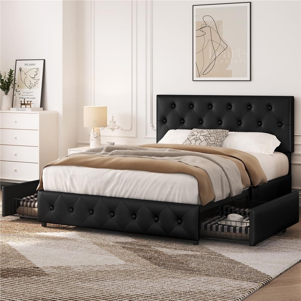 Yaheetech Letto Imbottito Matrimoniale 140 x 200 cm con 2 Cassetti Letto Contenitore con Supporti a Doghe in Legno Testiera Regolabile in Altezza con Rivetti a Punto di Tensione Nero