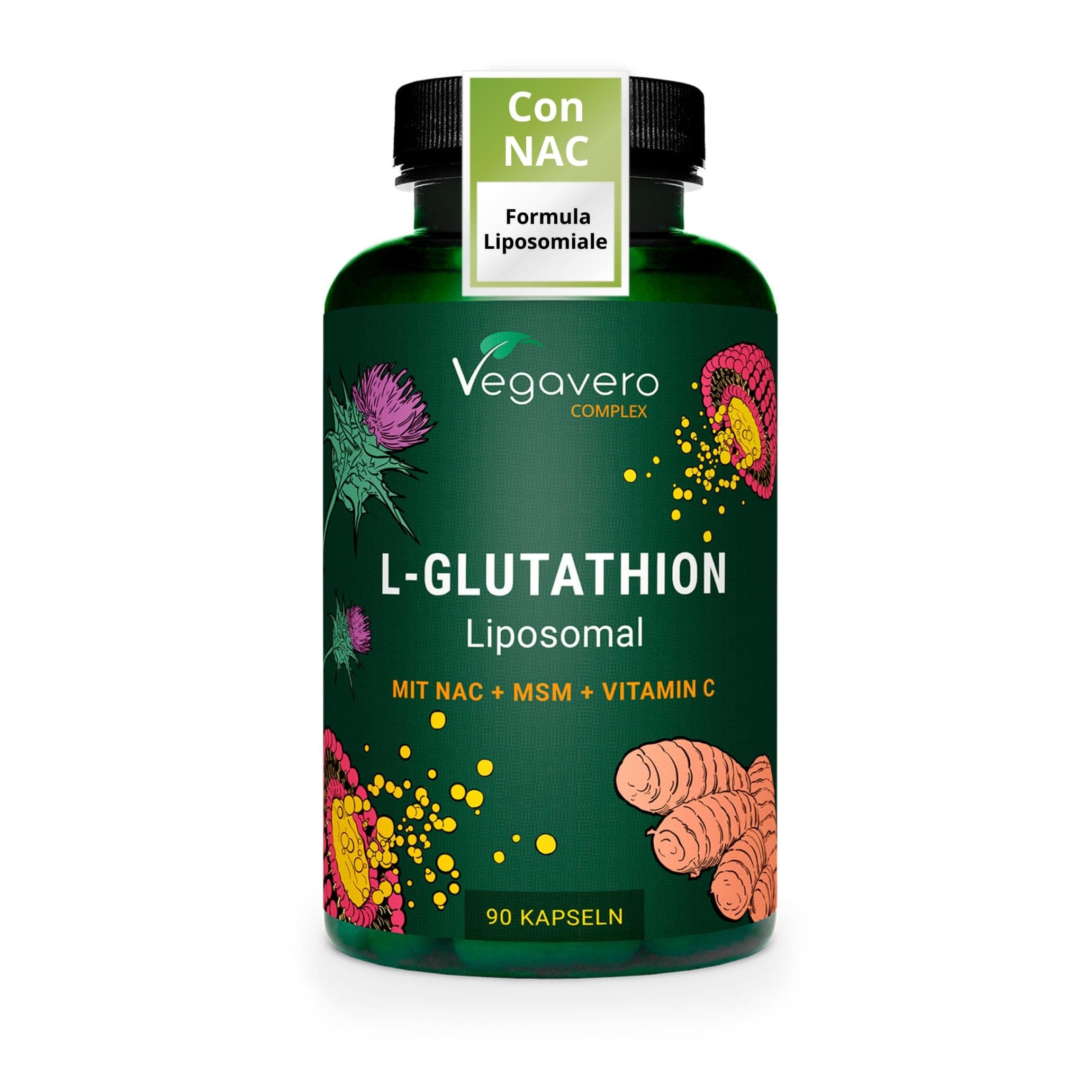 Vegavero Glutatione Liposomiale e Ridotto | Con NAC, Vitamina C, MSM, Glicina e Cardo Mariano | Antiossidante, Disintossicante, Immunostimolante | 90 Capsule | Vegano e Senza Additivi