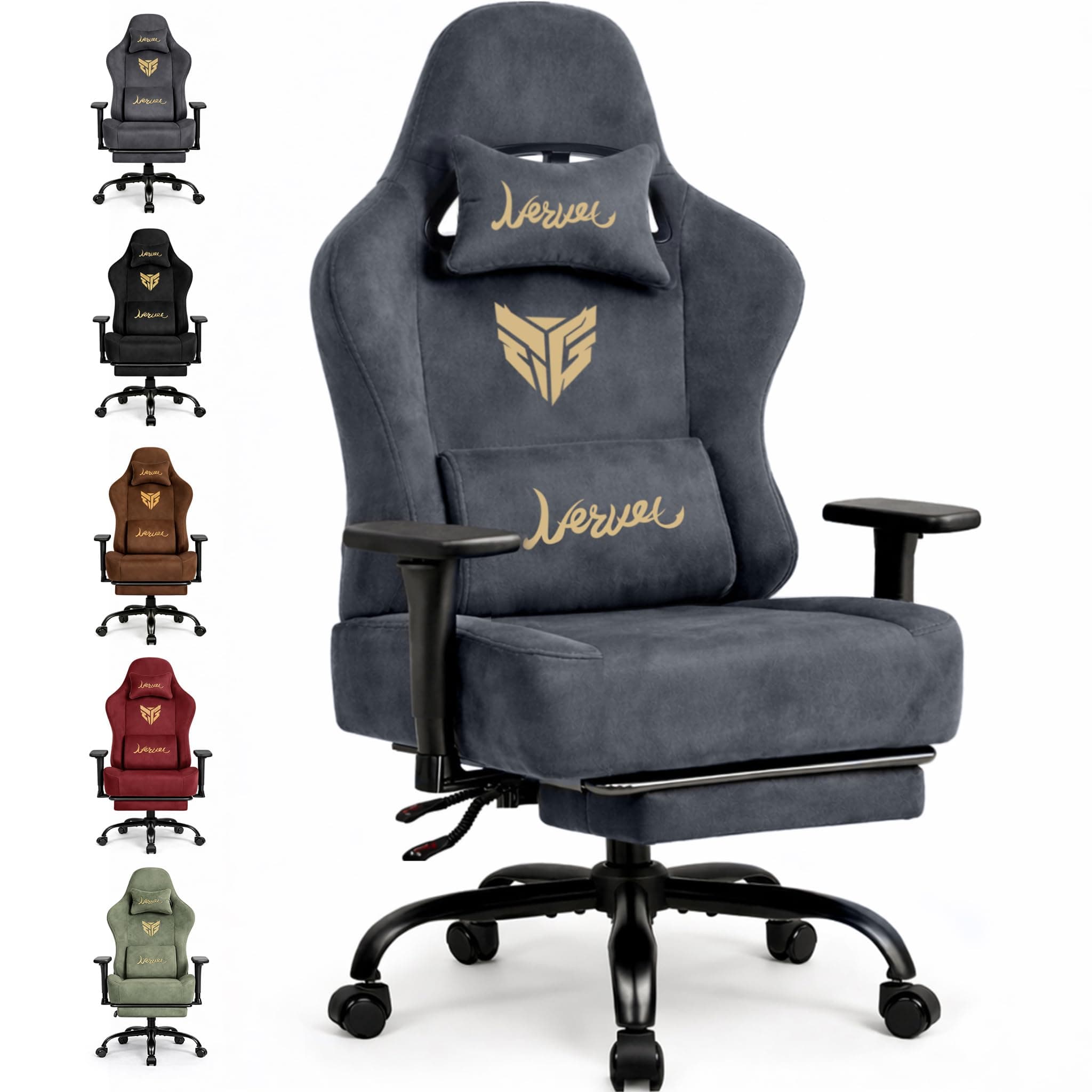 Gaming Stuhl Chair Gamer Sessel-Stoff Wildlederimitat Gamer Stuhl mit Fußstütze Lendenkissen Kopfstütze Höhenverstellbar 3D Armlehnen mit Mehrfach Verstellbaren Armen Gamingstuhl 200 Kg Grau