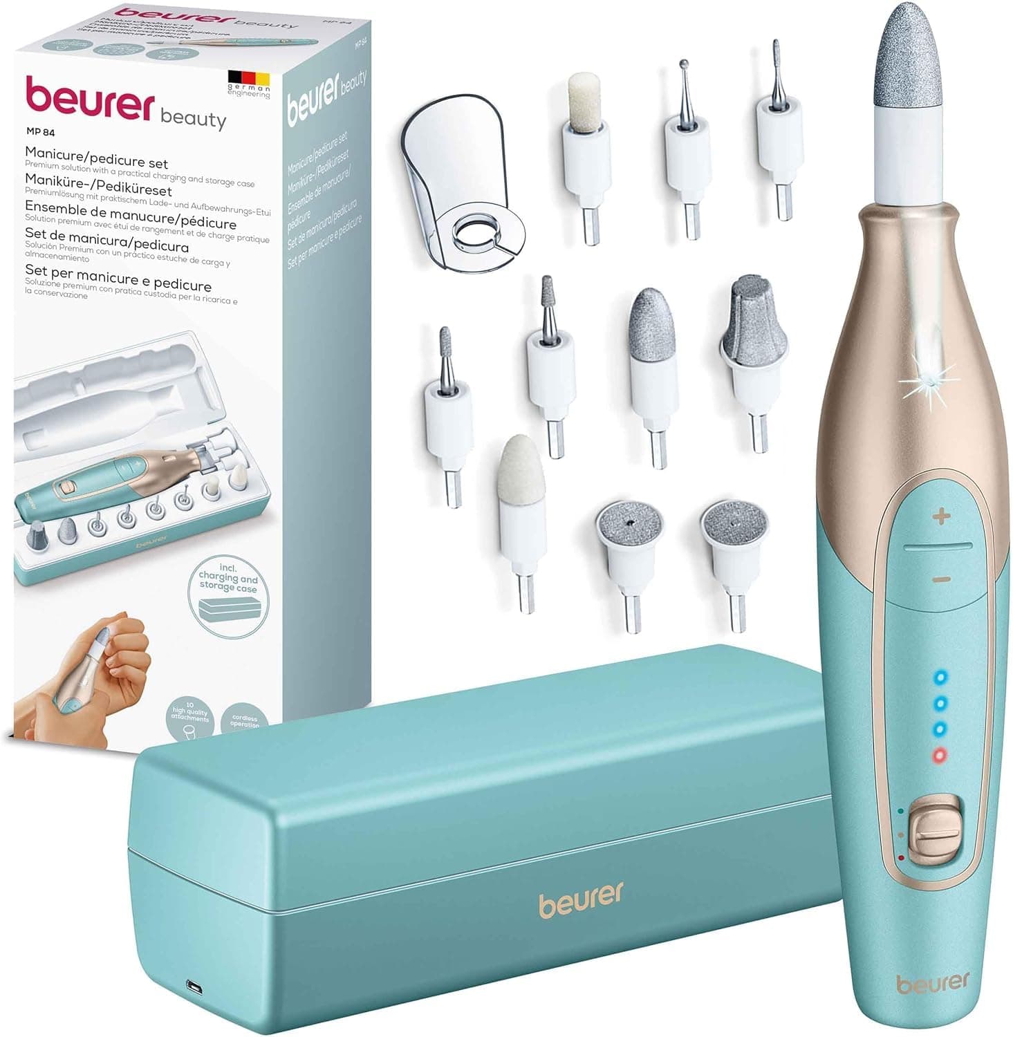 Beurer MP 84 Ponceuse pour ongles, lime à ongles électrique avec batterie, 10 embouts, lumière LED, étui de rangement inclus, jusqu'à 4400 tr/min, set d'ongles pour manucure/pédicure