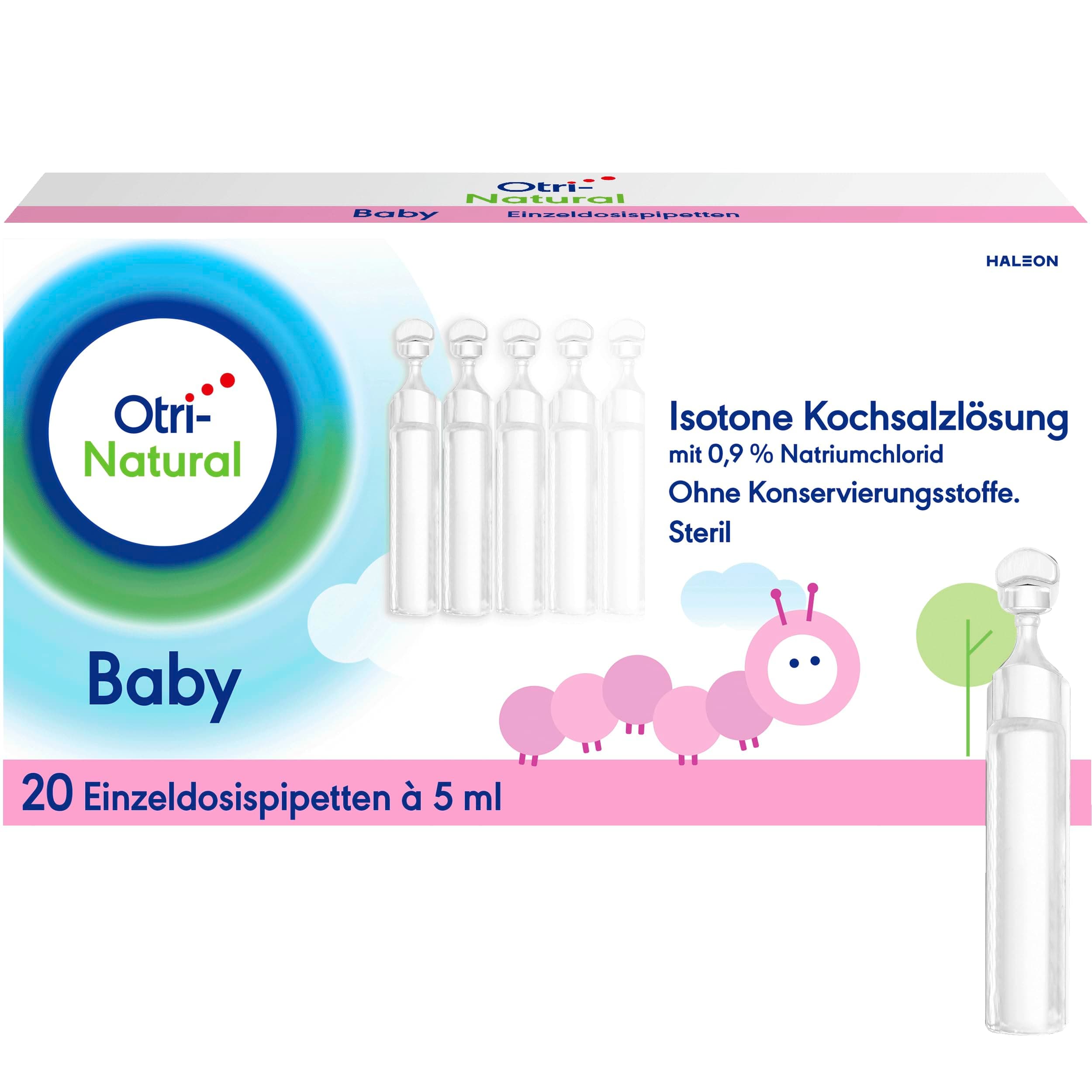 OtriNatural Baby, isotone Kochsalzlösung, 20 Einzeldosispipetten à 5 ml, reinigt und spült die Nase, verdünnt und löst Nasensekret, aus der Otriven-Familie