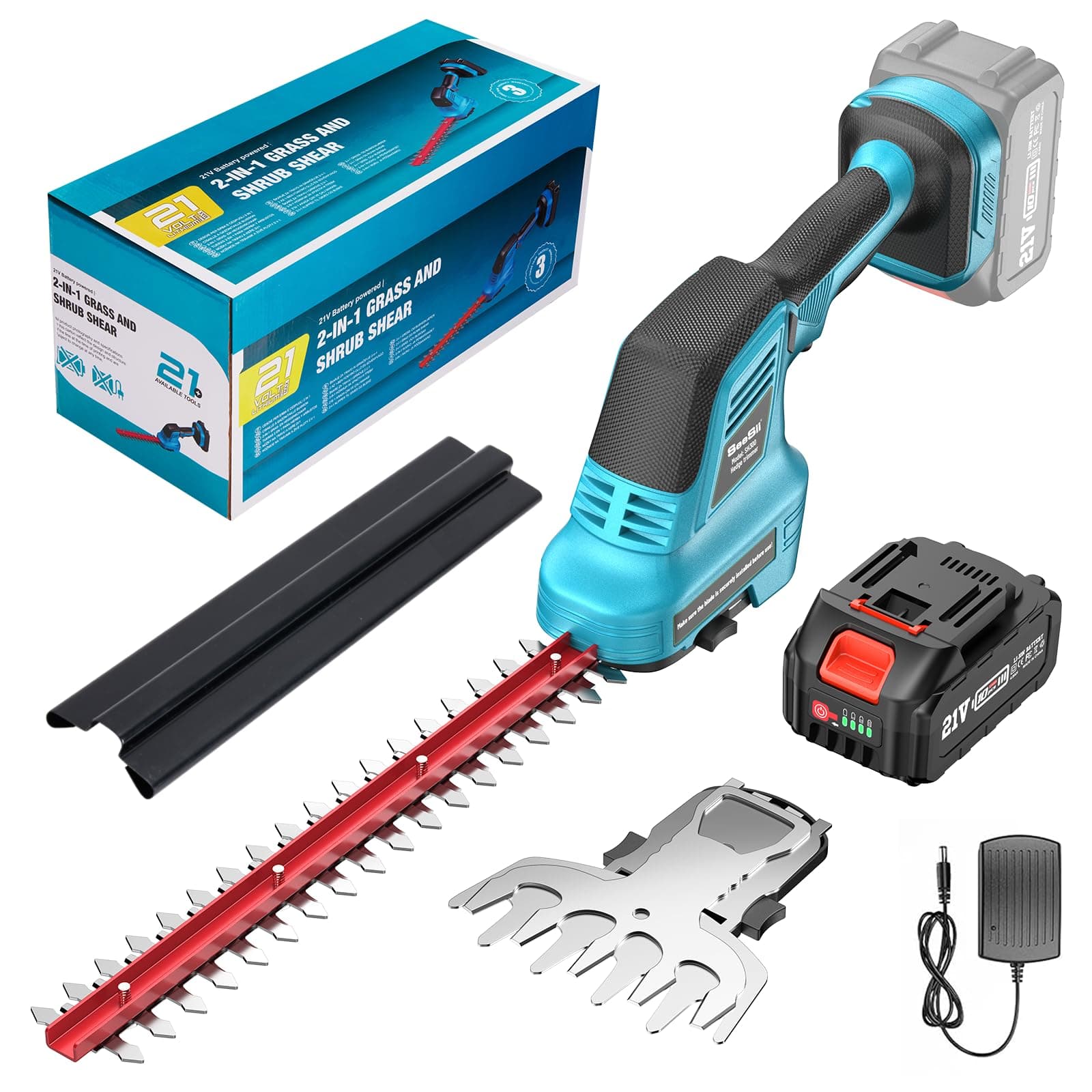SEESII Tagliasiepi Elettrico, 2 in 1 Tagliasiepi a batteria, incl.1x4000mAh Batteria e Caricabatterie, Lunghezza Lama 30cm & 15cm, Per Tagliare Siepi e Prati
