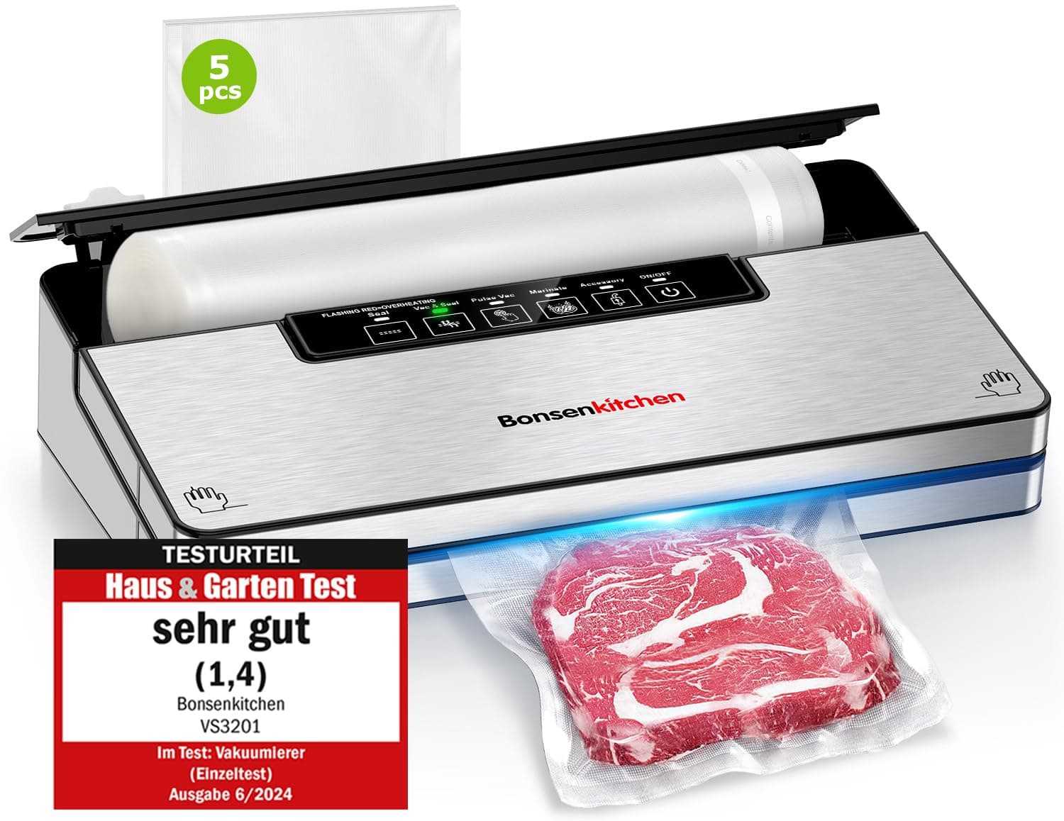 Bonsenkitchen Macchine Sottovuoto Alimenti, 5 Modalità di Sottovuoto Alimenti,8 L/min,Tecnologia Globefish per Lavoro Continuo ad Alta Velocità,Include 5 Sacchetti Sottovuoto e 1 Sacchetto in Rotolo