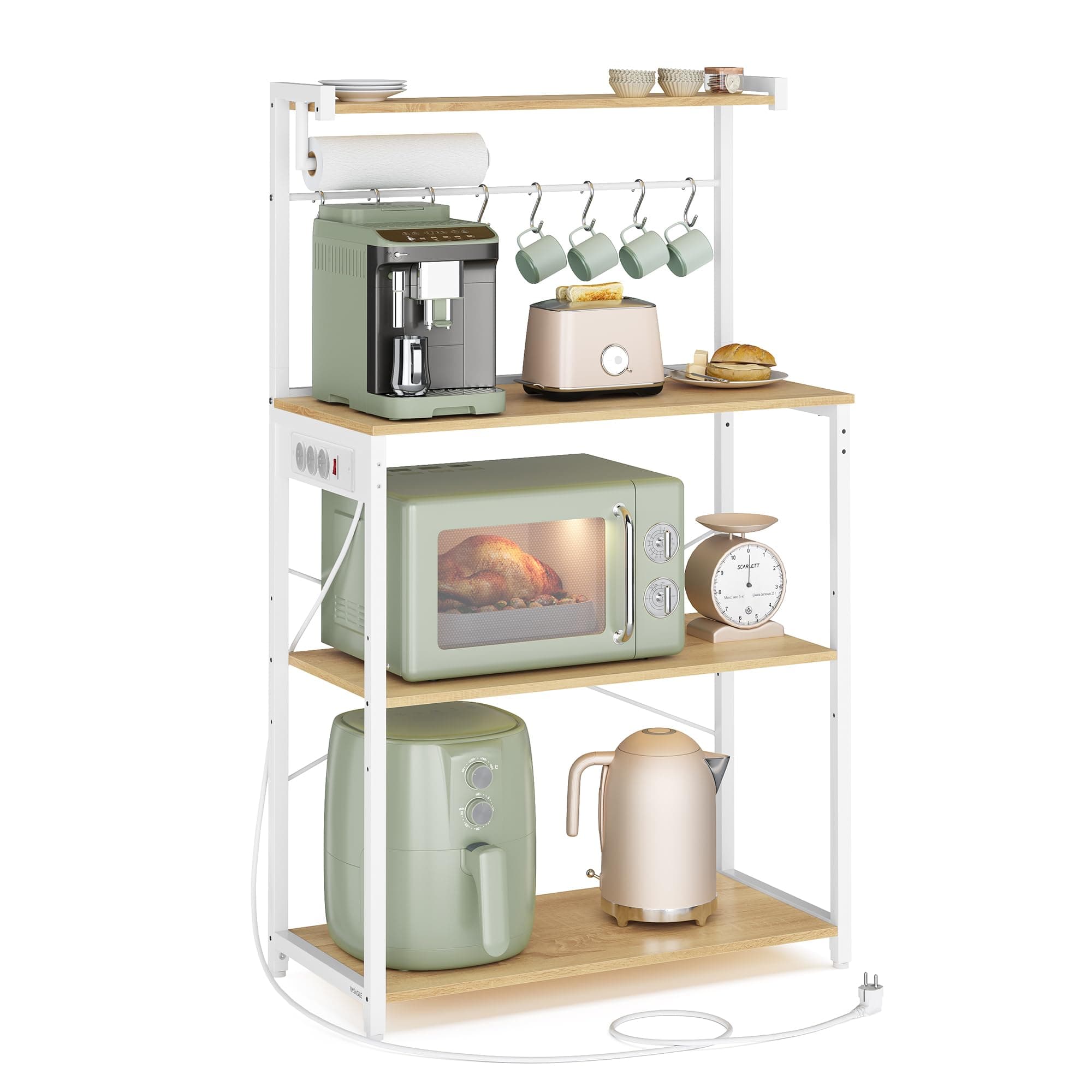 VASAGLE Estantería de Cocina con Enchufe Múltiple, Barra de Café de 4 Niveles con Estante Ajustable, 8 Ganchos S, Soporte de Microondas, 40 x 45 x 140 cm, Roble Dorado y Blanco Nube KKS013YA05