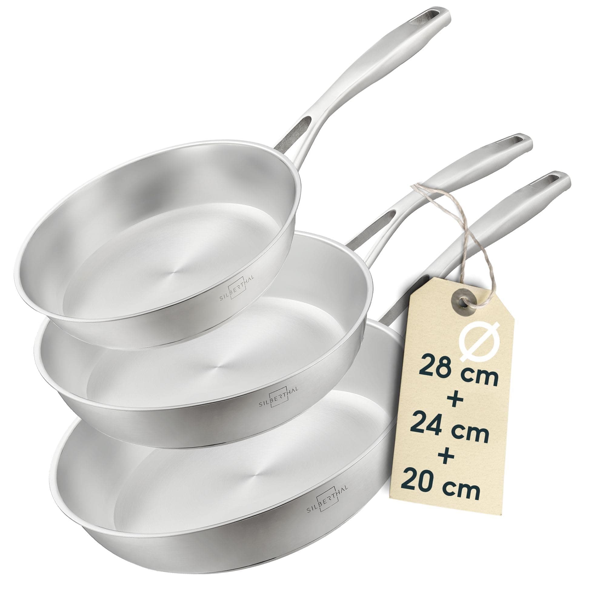 SILBERTHAL Sartenes acero inoxidable 20+24+28 cm - Tiple fondo - Inducción gas y horno max 400ºC - Sin antiadherente