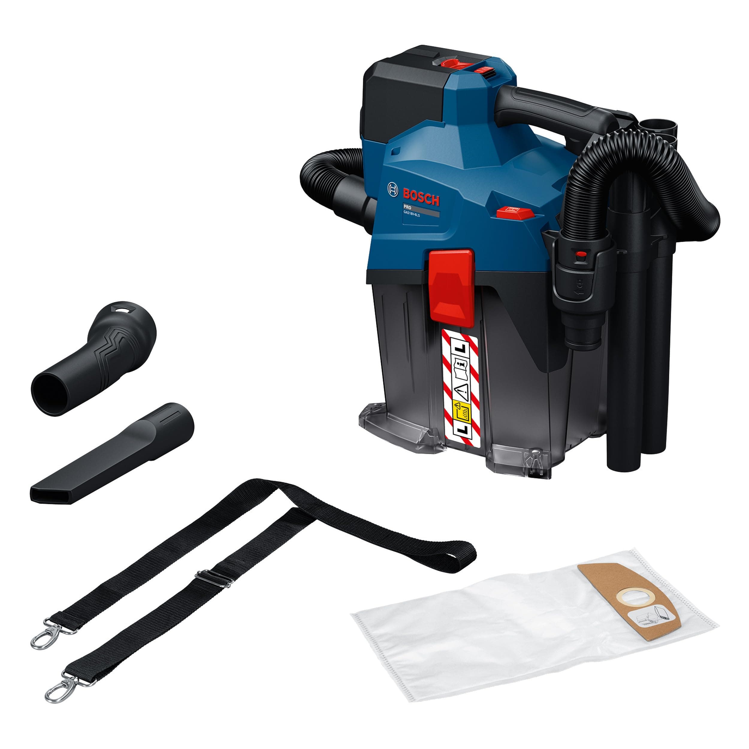Bosch PRO 18V System Akku-Staubsauger GAS18V-6LS (inkl. flexiblem Schlauch, Winkelrohr, Fugendüse, Bodendüse, PT-Adapter, Saugrohre, Vliesbeutel)