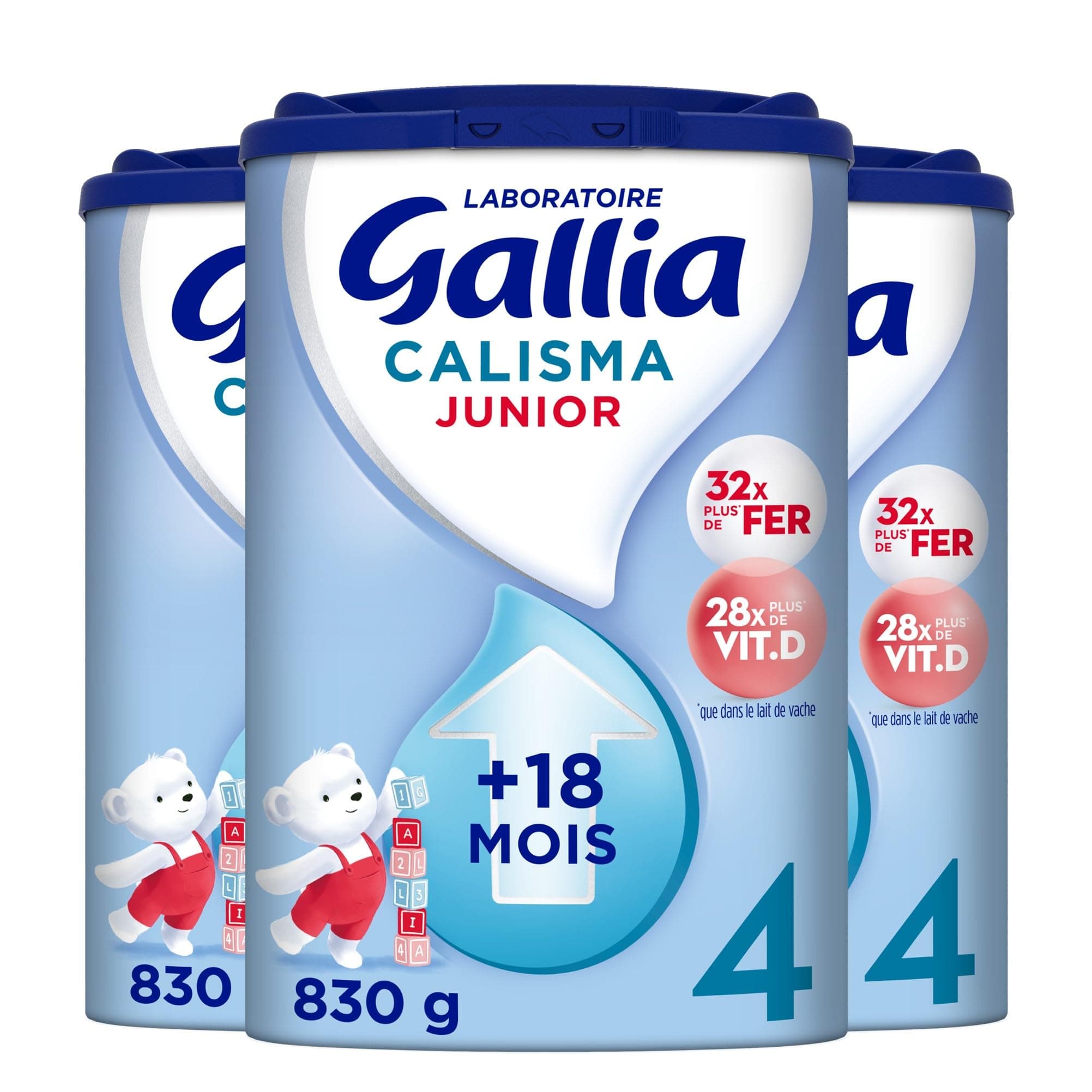 Laboratoire Gallia – Lait infantile Calisma Junior 4ème âge - Lait de Croissance en Poudre pour Bébé - Sans Huile de Palme - Dès 18 Mois - 75 Biberons - Lot de 3 boites de lait 4ème âge - 3x830g