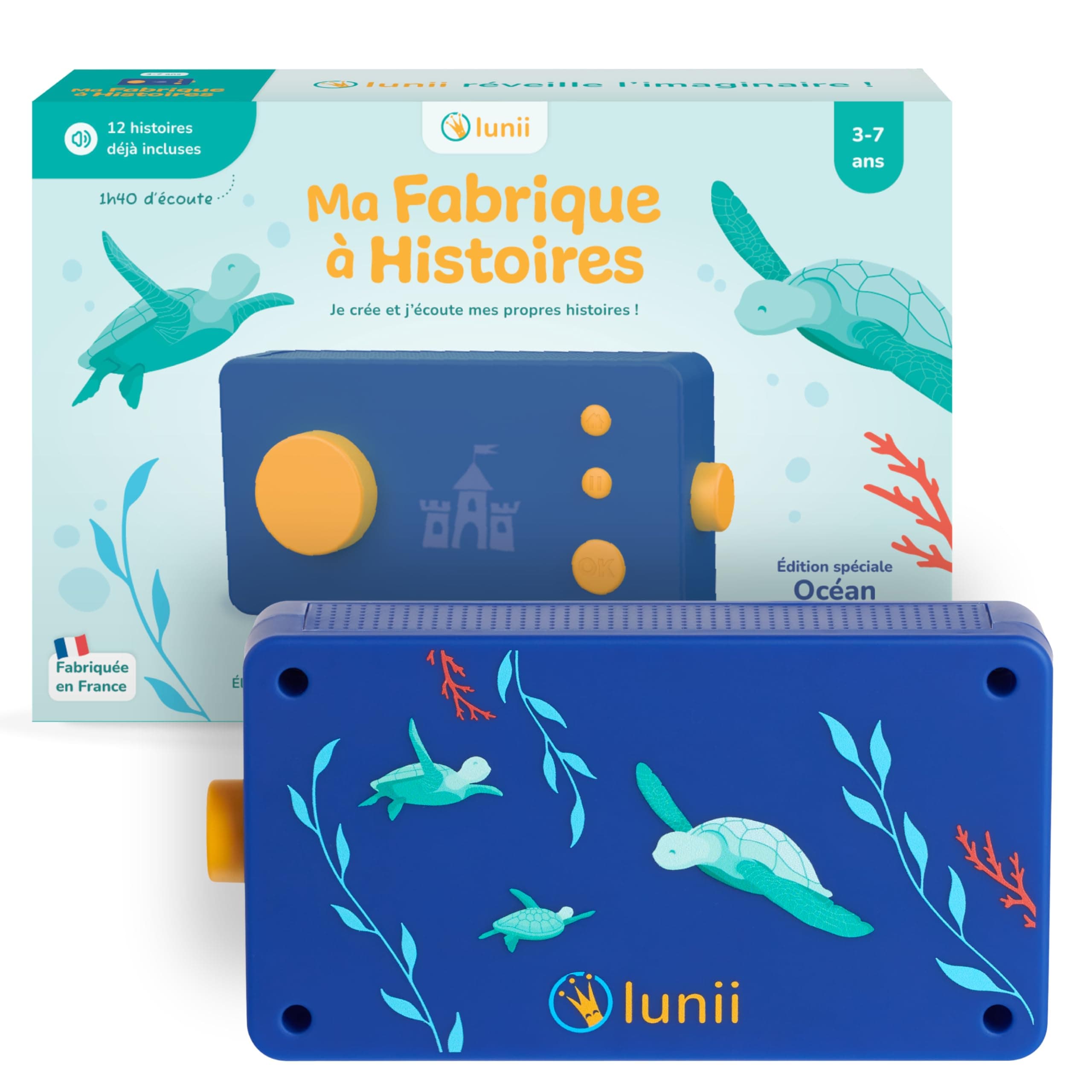 Lunii - Ma Fabrique à Histoires édition limitée Océan + 1h41 d'histoires à Composer incluses à télécharger, Boîte à Histoires Interactive pour Enfants de 3 à 8 Ans - Conteuse fabriquée en France