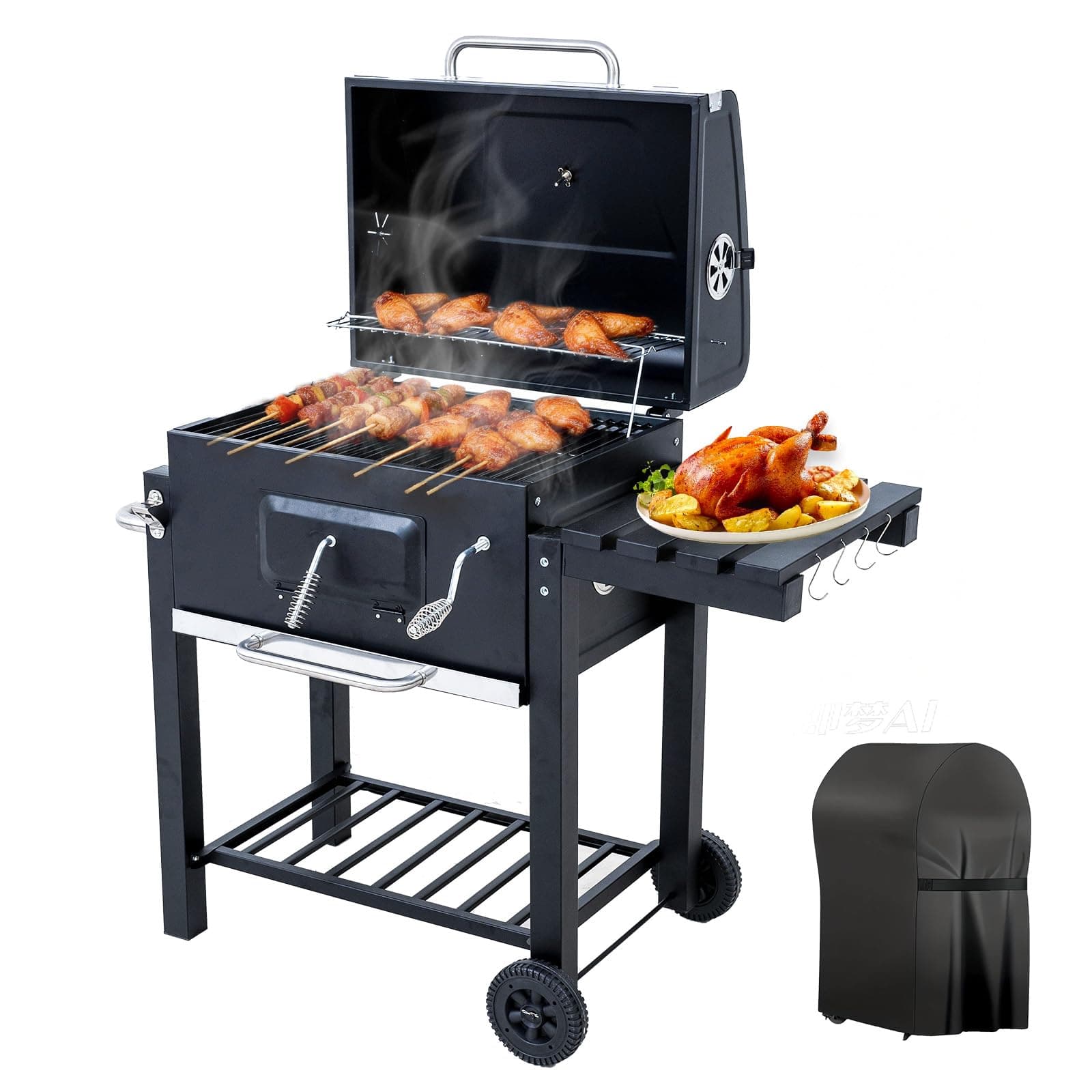 BELONID Barbacoa de Carbón, Parrilla con Tapa de Acero de 56×42,5 cm, Bandeja Ajustable en Altura, Mesa Lateral Plegable, Incluye Funda