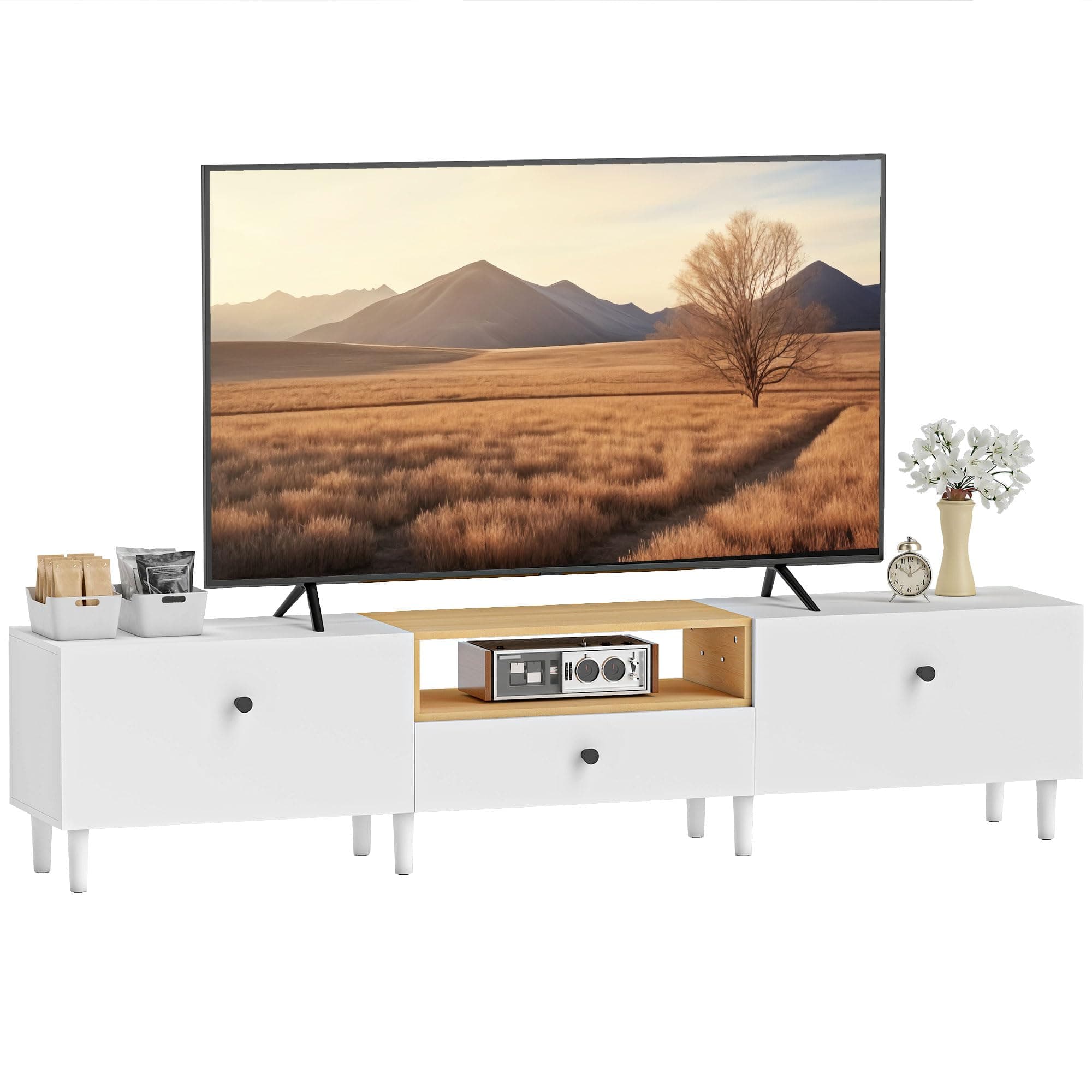 HOMCOM Meuble TV 200 cm, Meuble télé pour téléviseur jusqu'à 90 Pouces avec 2 Portes rabattables, tiroir, charnières à Fermeture amortie et 8 Pieds, Style Moderne, Banc TV pour Salon Chambre, Blanc