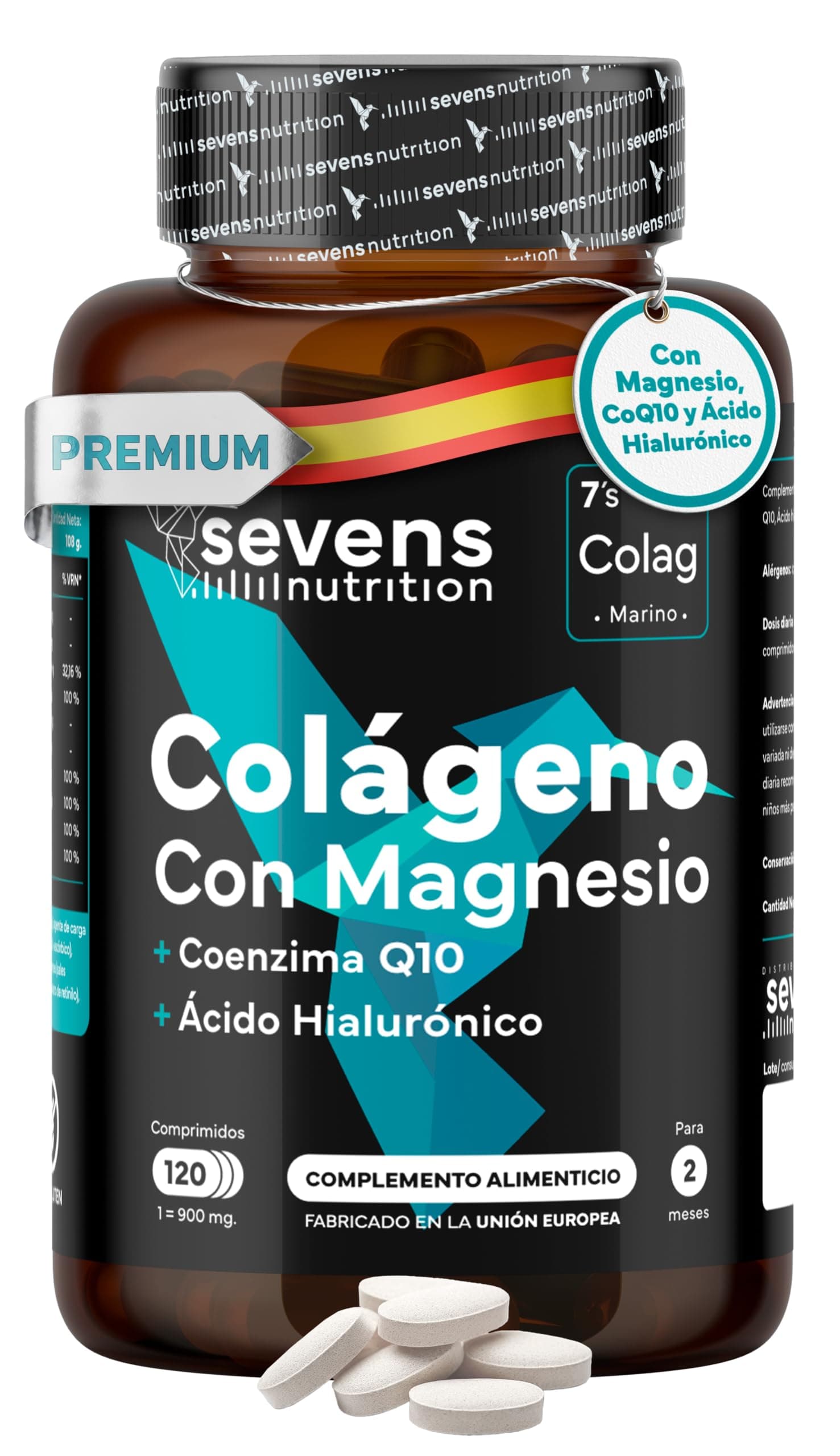 Colágeno Hidrolizado Puro con Magnesio Ácido Hialurónico y Coenzima Q10 - Colageno Marino para Huesos, Articulaciones y Piel - Con Vitaminas A, C, D3, B12 y Zinc - 120 Cápsulas - Sevens