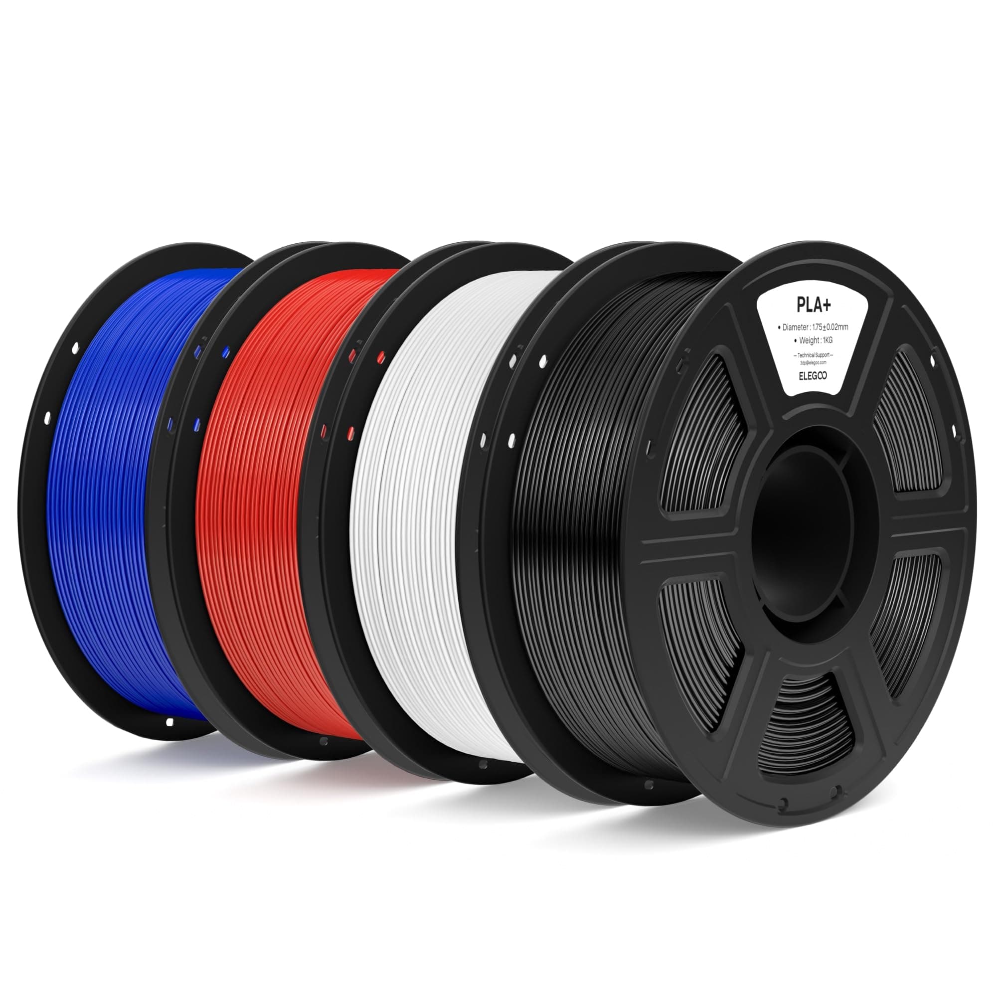 ELEGOO Filament PLA+ 1,75 mm Noir/Blanc/Rouge Franc/Bleu Foncé 4KG, Filament PLA Plus Haute Résistance 3D Précision Dimensionnelle ±0,02 mm, Bobine 1 kg (2,2 lbs)