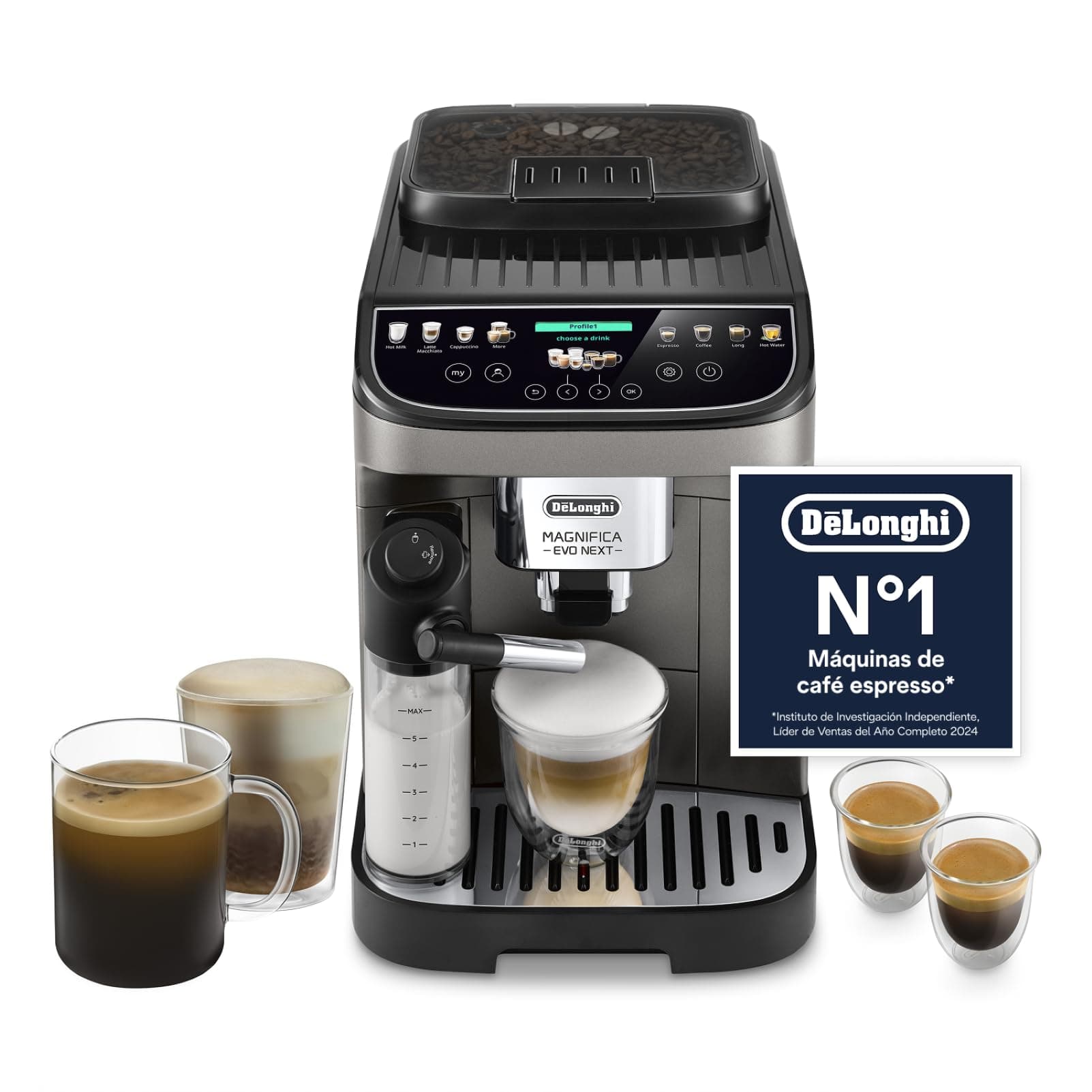 De’Longhi Magnifica Evo Next – Perfetto Cafetera Superautomática, LatteCrema Jarra de leche automática, 13 Bebidas One-Touch, Pantalla Táctil a Color, Titanio y Negro (ECAM312.80.TB)