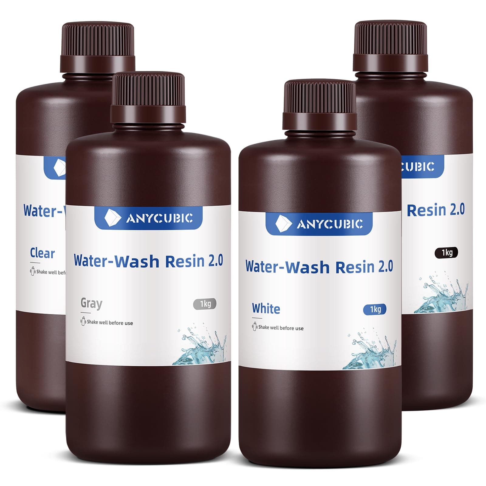 ANYCUBIC Water Washable Resin 2.0, 3D Drucker Resin Wasser Abwaschbar, UV Resin 405nm Standard Photopolymer Harz Geringer Geruch für 4/6/8K Geeignet LCD 3D Printer (Schwarz+Weiß+Grau+Klar, 1kg, 4pcs)
