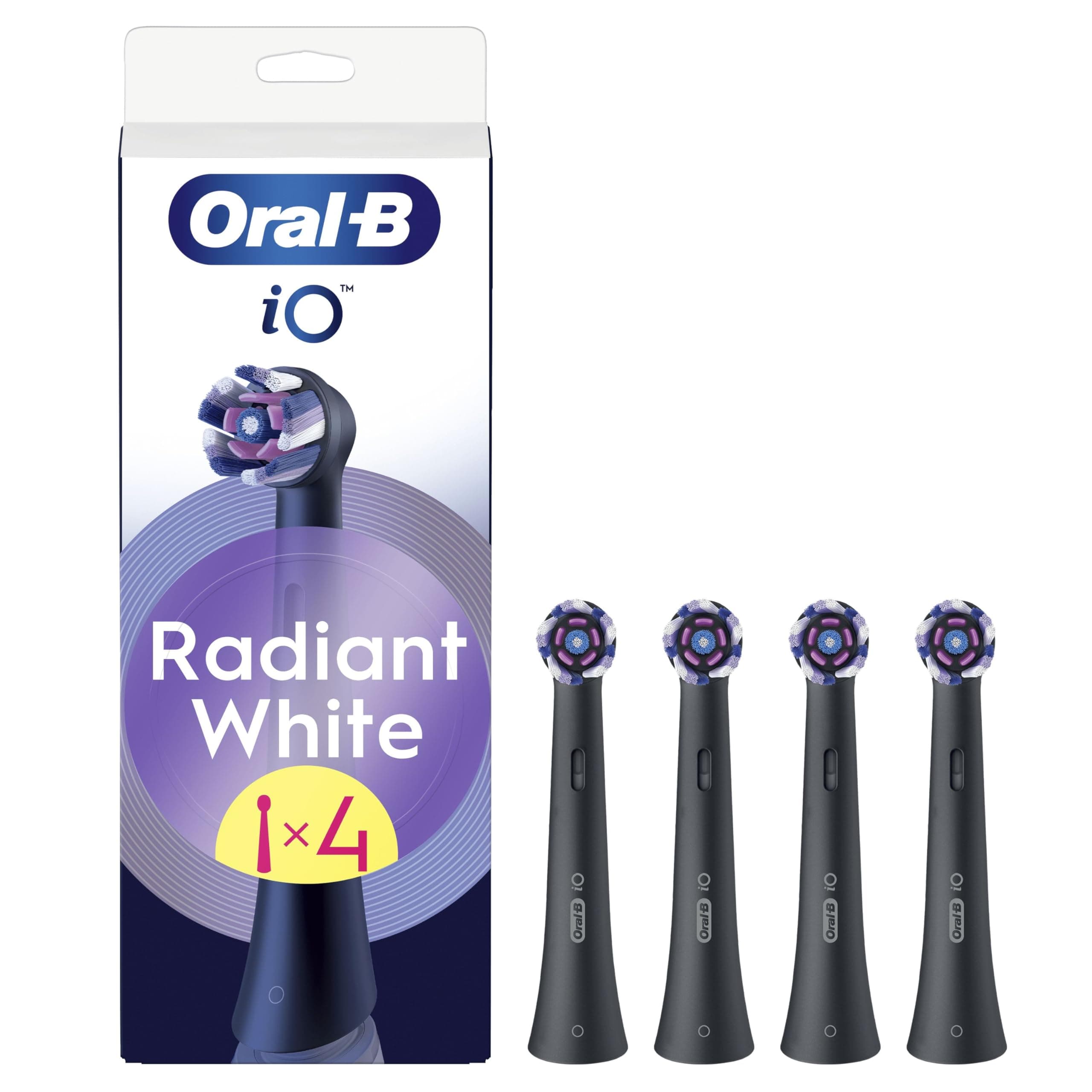 Oral-B Testine Di Ricambio iO Radiant White per Spazzolino Elettrico Oral B, 4 Testine Rotonde Autentiche Nere, con Setole Angolate e Setole Lucidanti