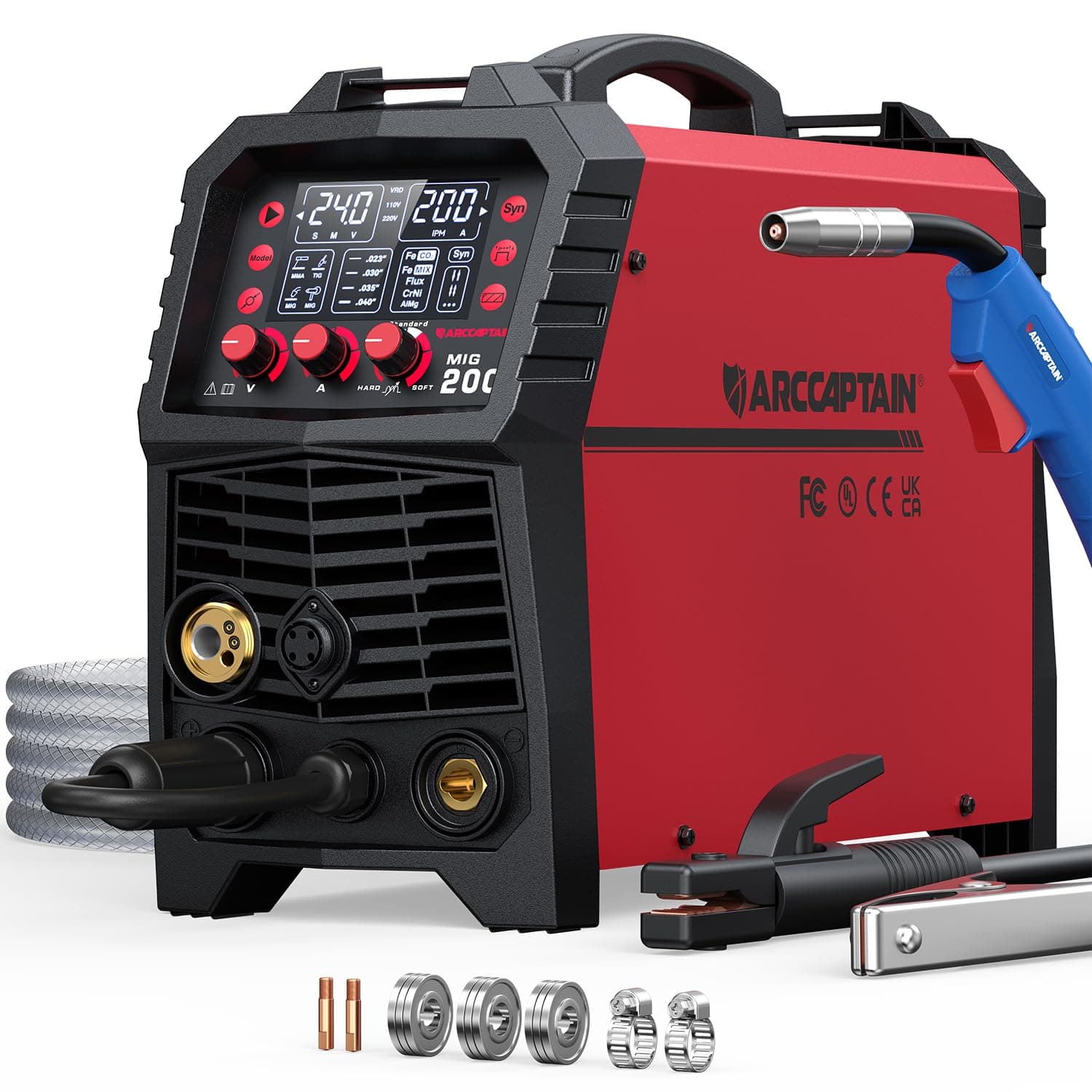 ARCCAPTAIN Poste à Souder MIG MAG, 200Amp 6 en 1 Gaz MIG/Sans gaz Flux Core MIG/Électrode Enrobée/Lift TIG/Soudage par points/Pistolet à fil 230V Machine de soudage multi-processus en aluminium