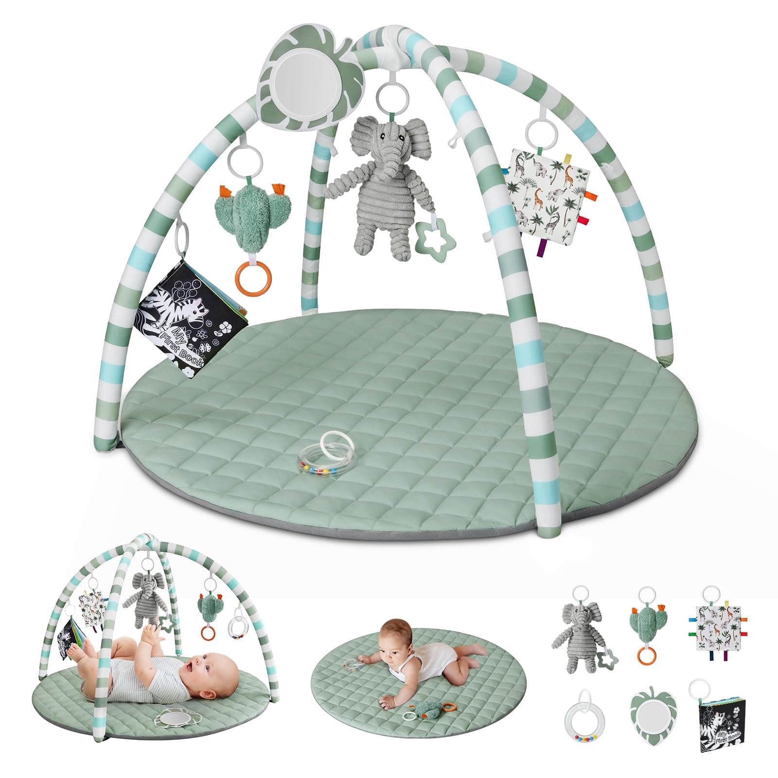 Blissful Diary Tapis d'éveil Bébé avec Arche Amovible, Tapis Éveil Bébé 6 Jouets - Développement Sensoriel et Moteur Progressif, Cadeau pour Nouveau Né, Enfant, Fille et Garçon, Vert Sauge