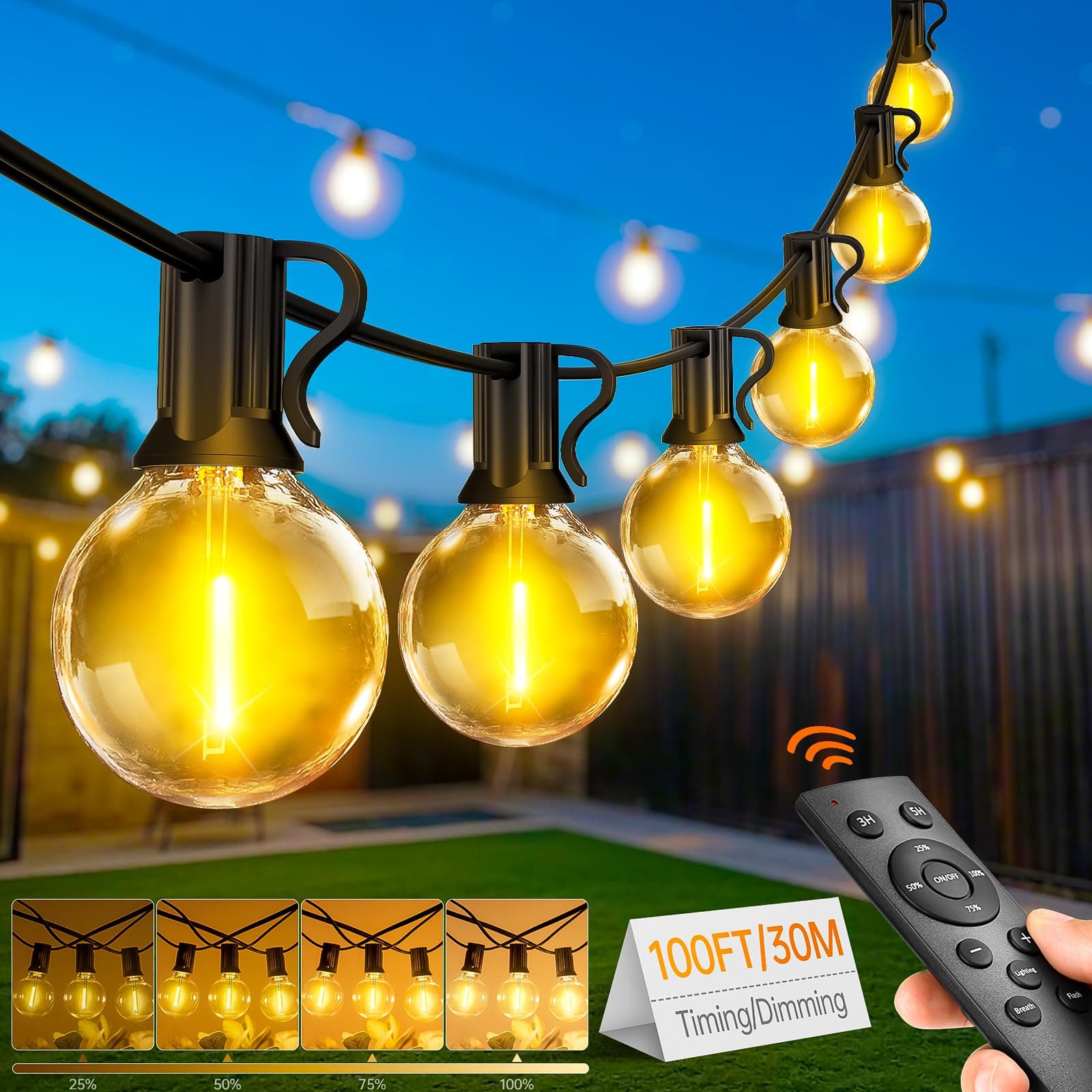 FGRYB Luces Terraza Exterior Remoto Regulable, Guirnalda Luces Exterior 30 Metros, with G40 LED Bombillas for Jardin Balcon Garden Boda Fiesta