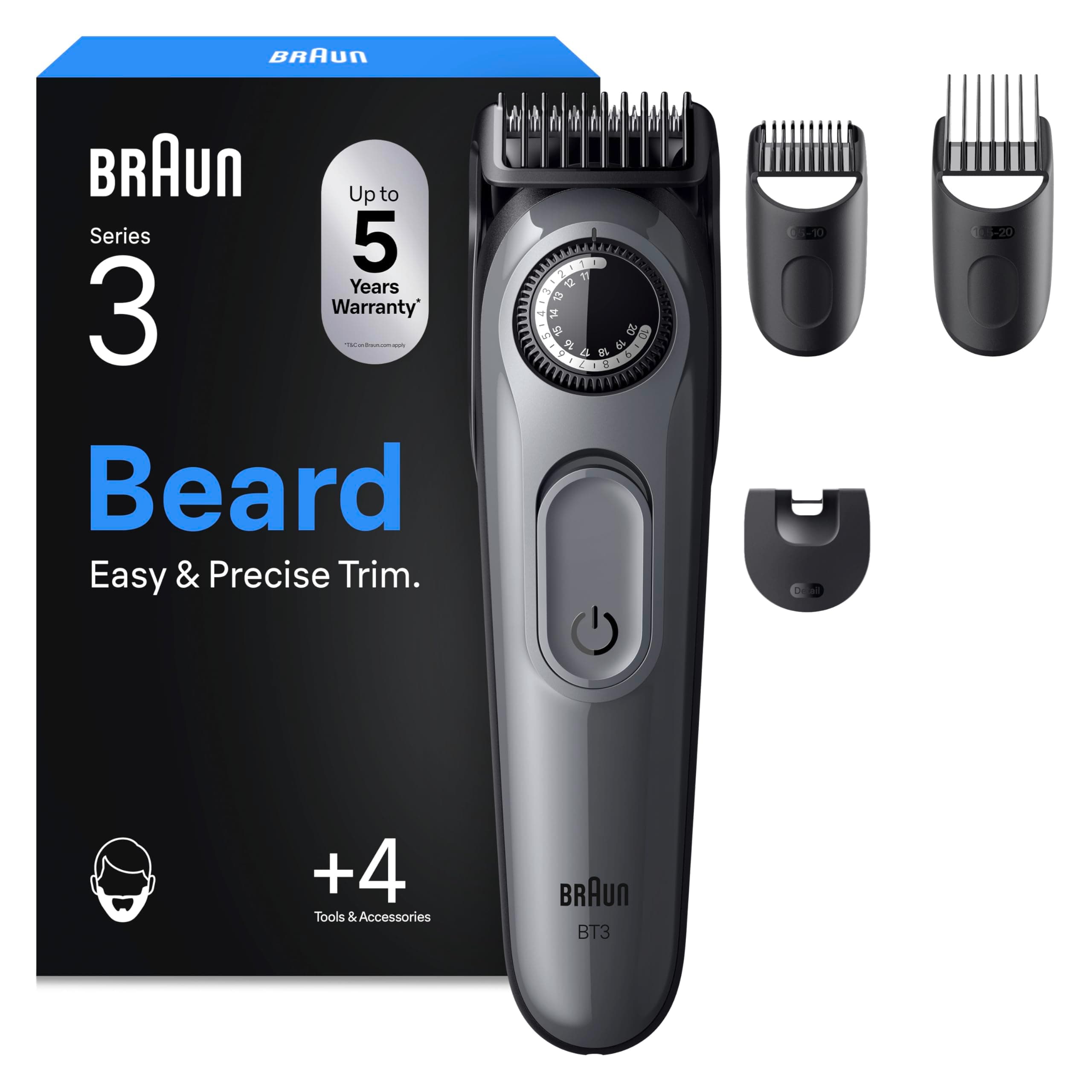 Braun Regolabarba Uomo Series 3, +4 Strumenti Di Styling, Lama Ultra Affilata, 50 Min Di Utilizzo, 40 Lunghezze, Rasoio Elettrico Barba, BT3525, Grigio