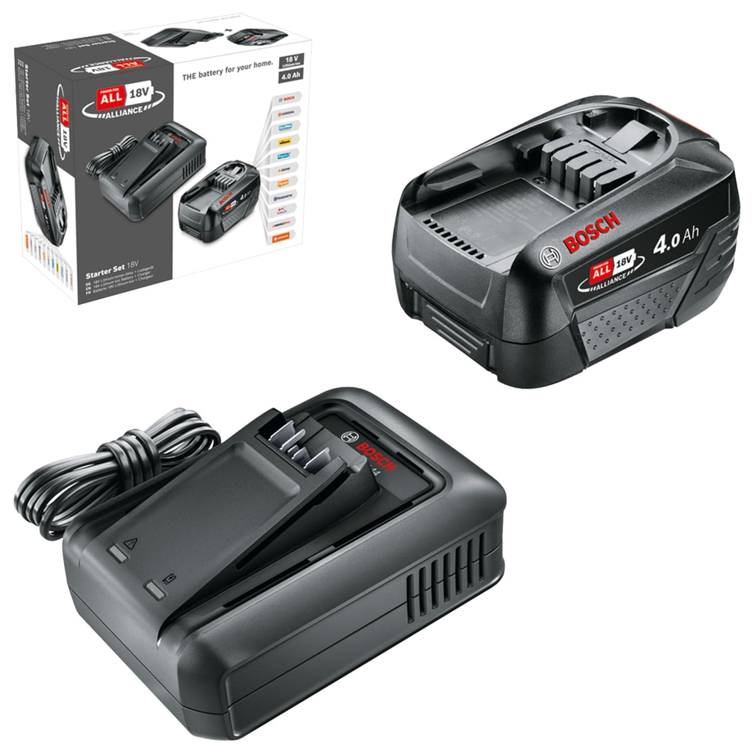 Bosch Kit básico de batería y cargador rápido Starter Set 18V (1 batería de litio de 4,0Ah; 1 cargador rápido; 18V POWER FOR ALL ALLIANCE)