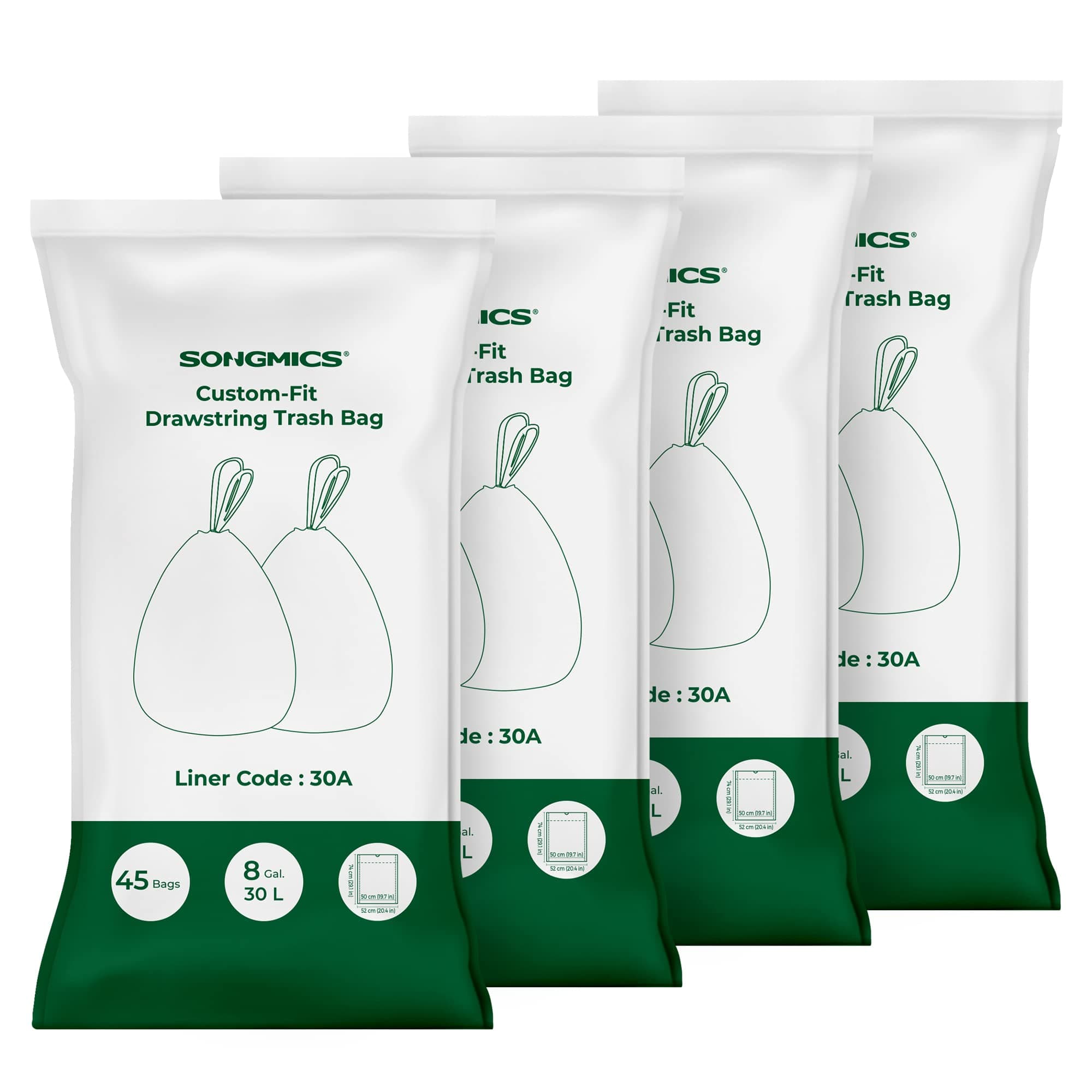 SONGMICS Müllbeutel mit Zugband, hochbelastbar, Müllsäcke für 30 Liter Mülleimer, bereits getrennt, Code 30A, 4 Rollen, insgesamt 180 Stück, weiß KRB430A01