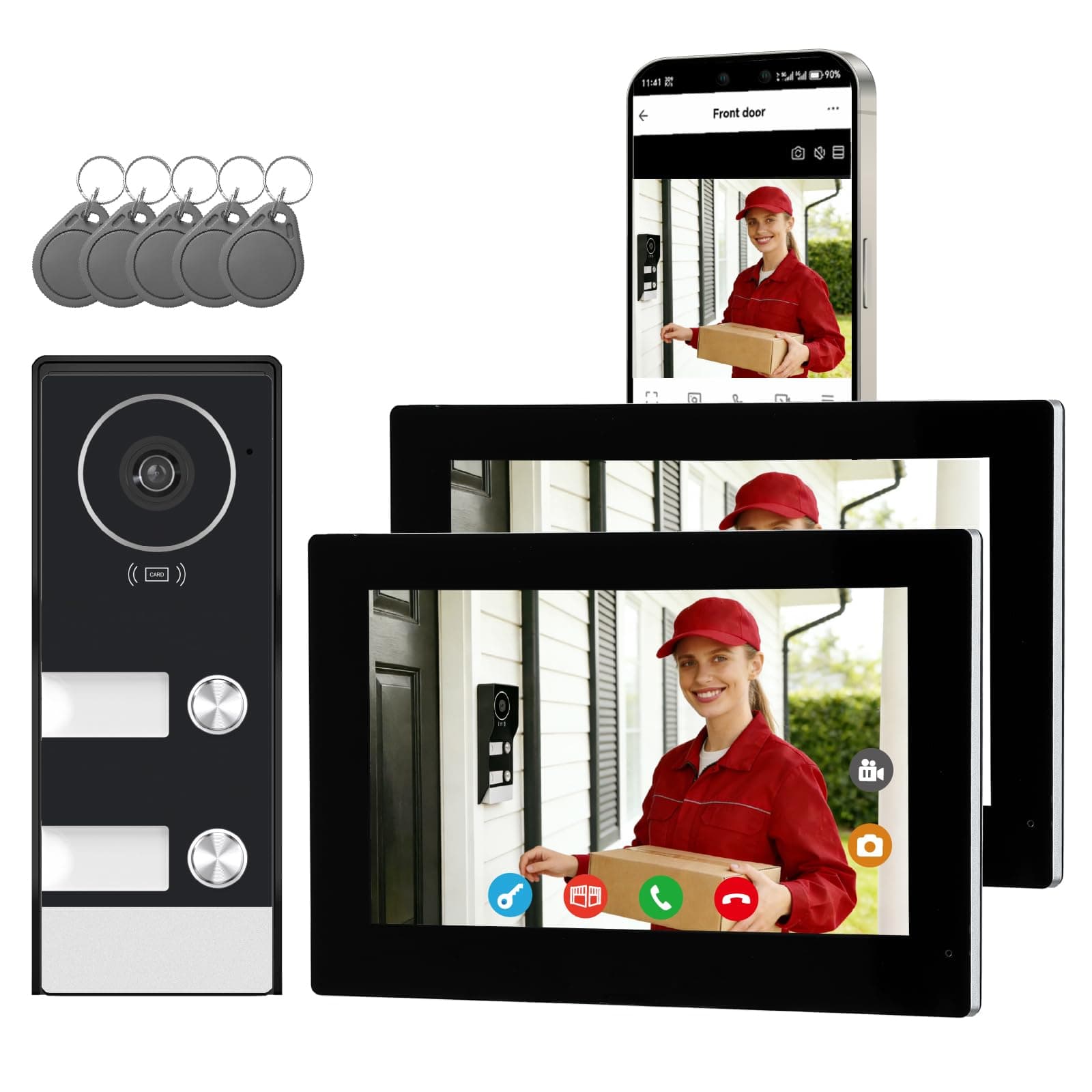 Honmidatek Sistema Videocitofonico Domestico Intelligente, videocitofono cablato con 2 Schermi da 7 pollici, Sblocco Remota, Audio Bidirezionale, RFID, visione notturna,per 2Famiglie