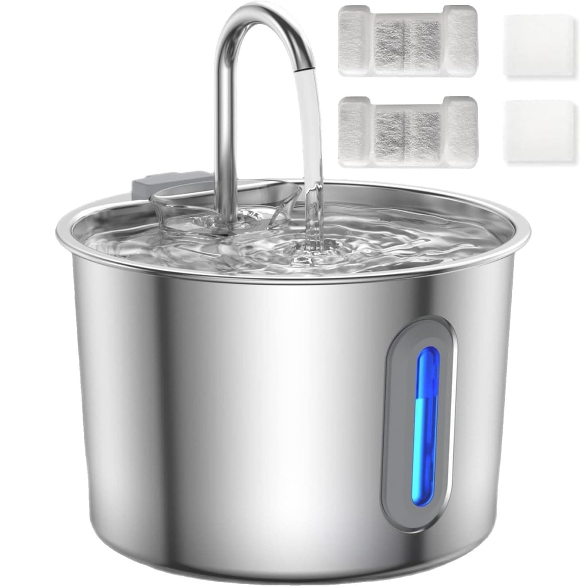 Fontaine a Eau Chat INOX: Fontaine à Eau pour Chat 2,2L Automatique | 2 Filtres + 2 Éponges inclus, niveau d’eau visible, pompe <25 dB, filtration 3 étapes, bec façon robinet, facile à nettoyer