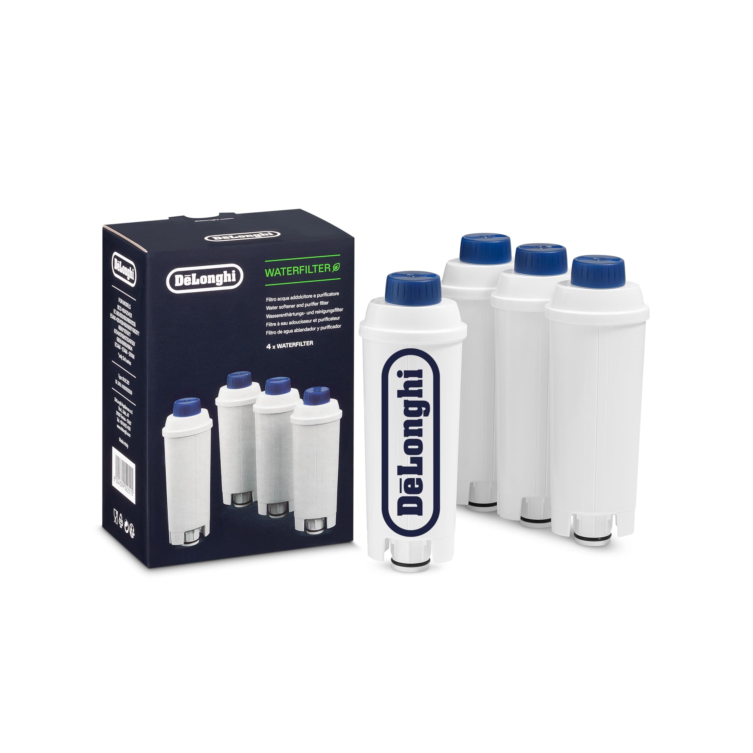 De'Longhi Original Wasserfilter 4er Pack DLSC321 - Zubehör für Kaffeevollautomaten mit, Pflege und Schutz der Maschine, optimiert die Kaffeequalität und schützt vor Kalk
