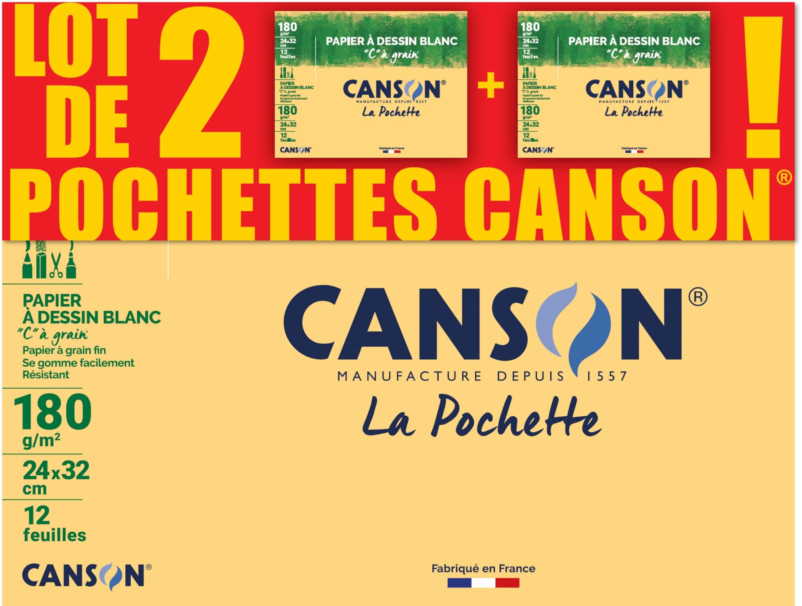 CANSON C à Grain – Set mit 2 Hüllen, 12 Blatt, Zeichenpapier, weiß, 24 x 32 cm, 180 g/m²