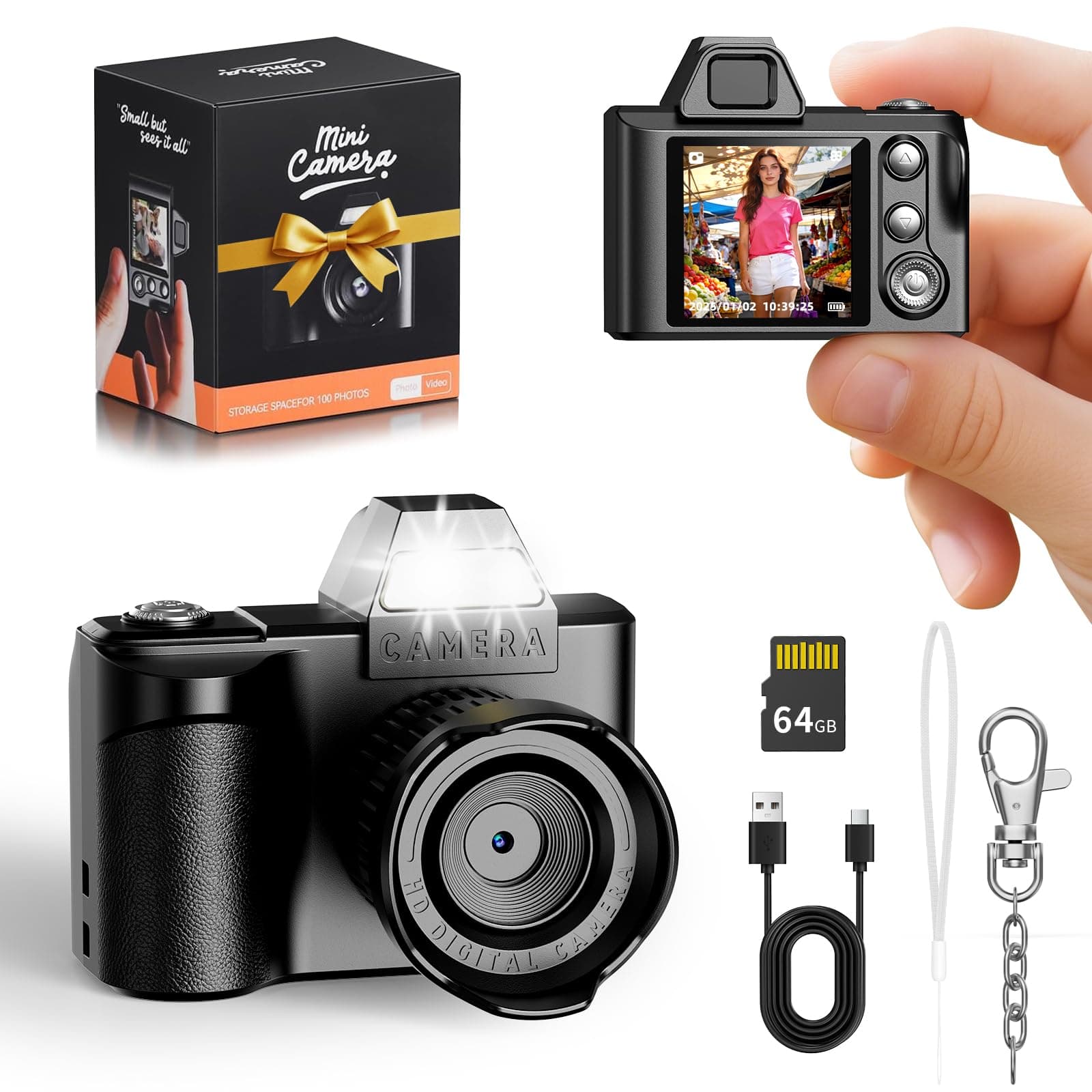 Mini Camara Digital - Maxmango 1.3'' 1080P Mini Camara de Fotos Portátil con 64 GB, Videocámara de Bolsillo para Viajes, Vlogs y Entretenimiento (Negra)