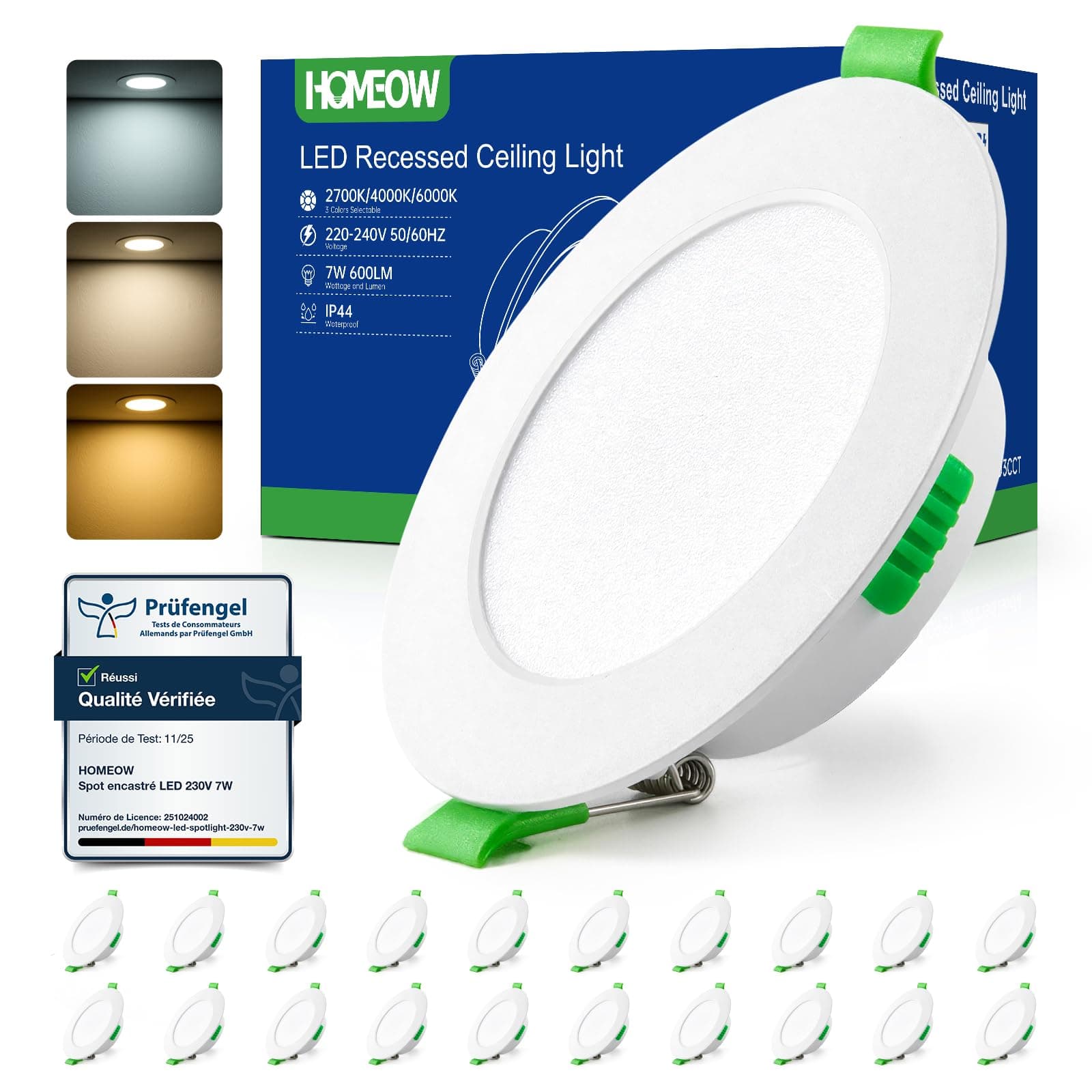 HOMEOW Lot de 20 Spot LED Encastrable 7W, 220V Spots de Plafond Extra Plat, Spot Salle de Bain IP44, Reglable Blanc Chaud 2700K Blanc Neutre 4000K Blanc Froid 6000K, Trou Φ 75mm - 90mm, Non Dimmable