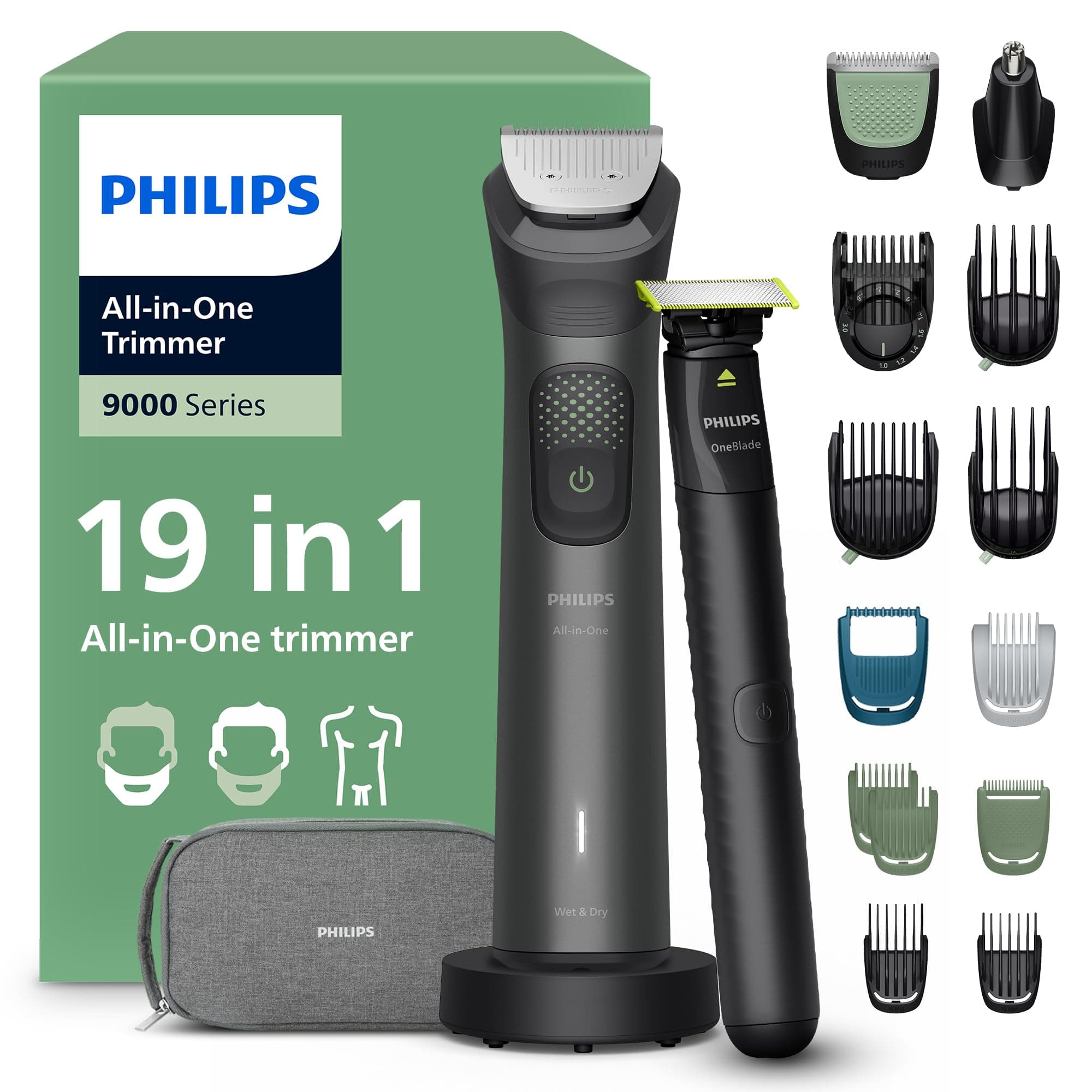 Philips Rifinitore All-in-one Multigroom Serie 9000 19 in 1 - Rasoio + Rifinitore uomo OneBlade - Set completo per viso, testa e corpo, 27 impostazioni di lunghezza (0,2-20 mm), Modello MG9556/15