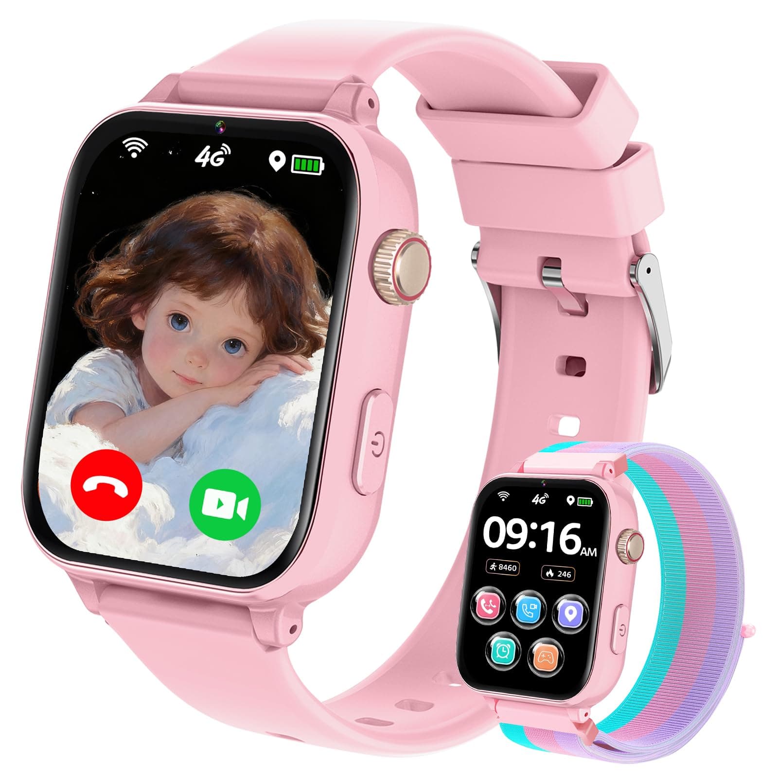 Reloj Inteligente Niño con GPS y Llamadas, 4G Smartwatch Niños Niña con Telefono, SOS, Chat de Voz, Videollamada, Modo Clase, Cámara, Podómetro, Reloj Infantil Niño Niña de 4 a 10 11 12 Años, Rosa