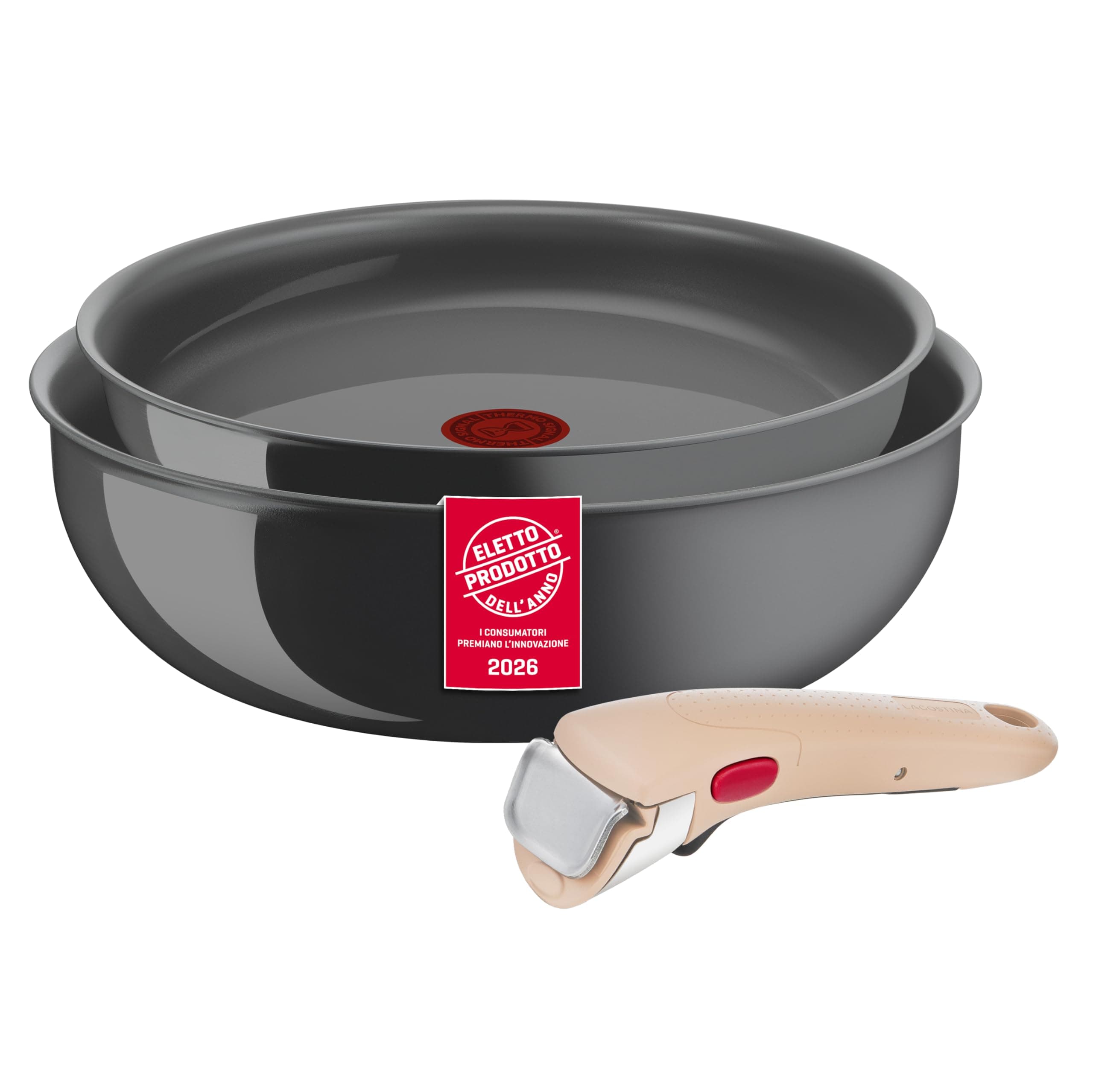 Lagostina Ingenio Vivissima, Set Padella 24cm e Wok 26cm in Ceramica Antiaderente con Manico Rimovibile Beige, 100% Alluminio Riciclato e Tecnologia Thermo-Signal, per Tutte le Fonti di Calore