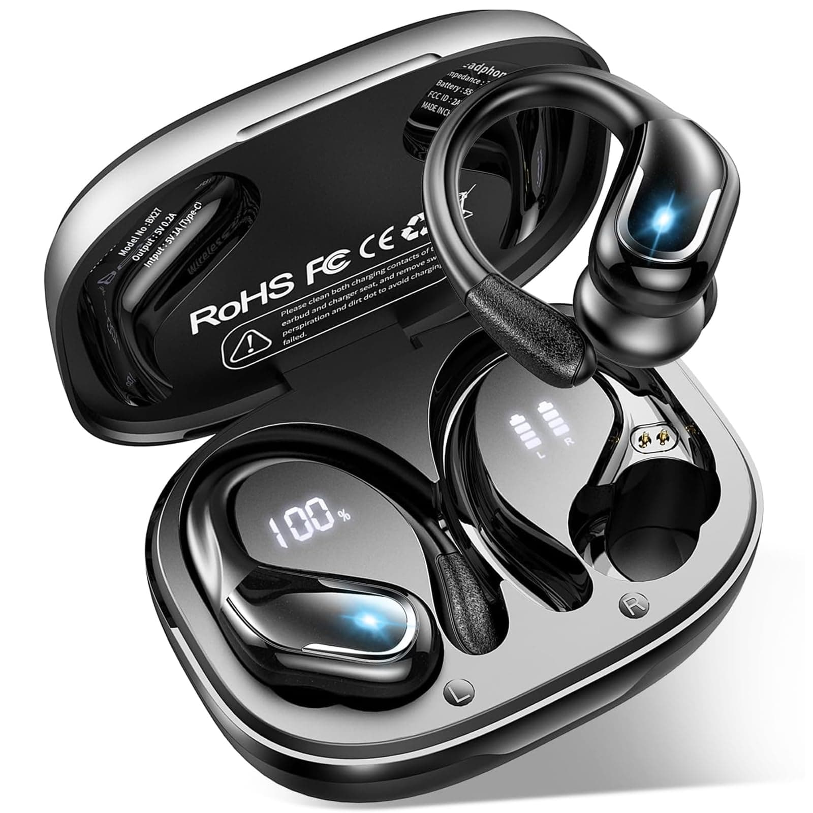 Ecouteurs Bluetooth Sans Fil Sport, 75Hrs Écouteurs Bluetooth 5.4 avec Stéréo HiFi 3D, 4 ENC Réduction de Bruit Mic Oreillette sans Fil USB-C Charge, Étanches IP7 Casque Running LED pour Android/iOS