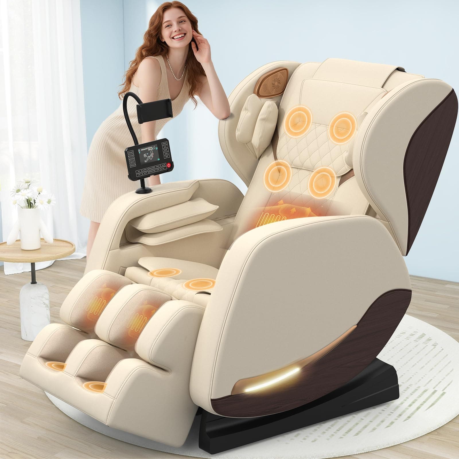 yewglen Sillón de Masaje,14 Rodillos de Masaje,Calefacción Lumbar,8 Bolsas de Aire,Altavoz Bluetooth,Controlador de Pantalla Táctil,Sillón Reclinable de Gravedad Cero para Cine en Casa (Beige)