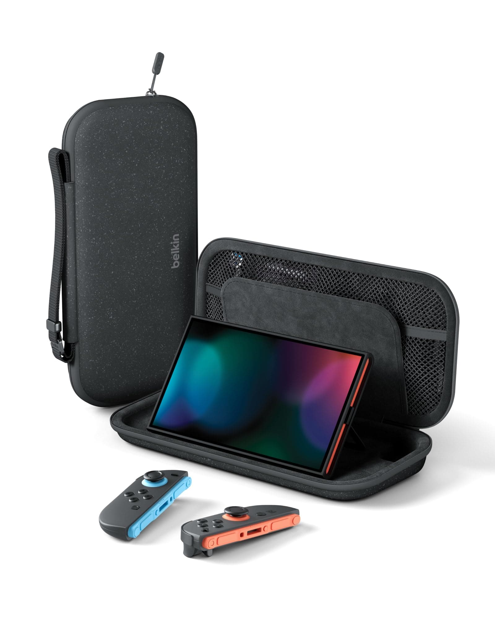Belkin Gaming Pochette pour Nintendo Switch 2, Coque Rigide Légère, Intérieur Doux, Compartiment AirTag, 12 Emplacements pour Cartes de Je - Gris