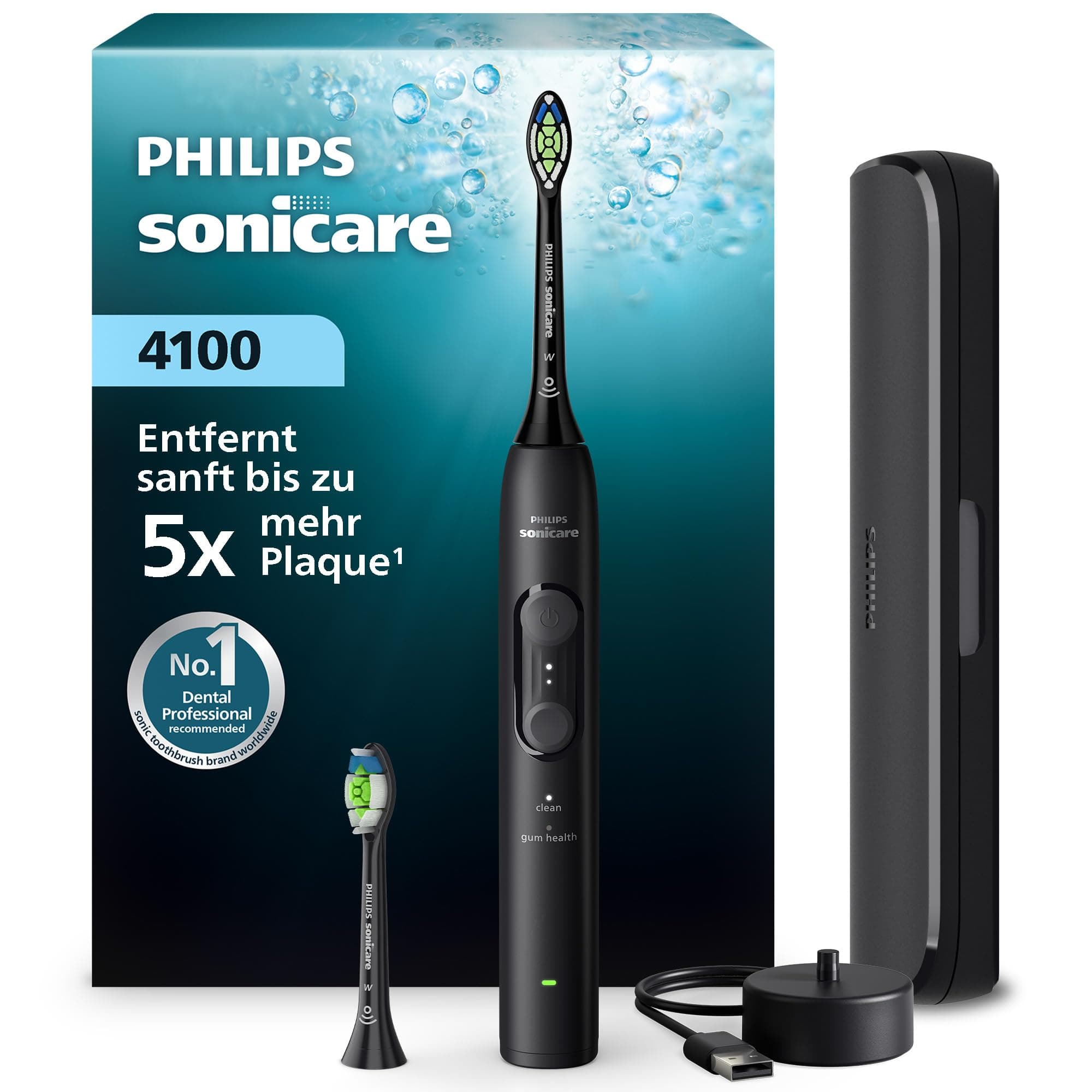Philips Sonicare Series 4100 Elektrische Zahnbürste – Schallzahnbürste mit Drucksensor, 4 Putzeinstellungen, EasyStart, SmarTimer, 21 Tage Laufzeit, Reiseetui, Schwarz, HX4044/52, [Neu]