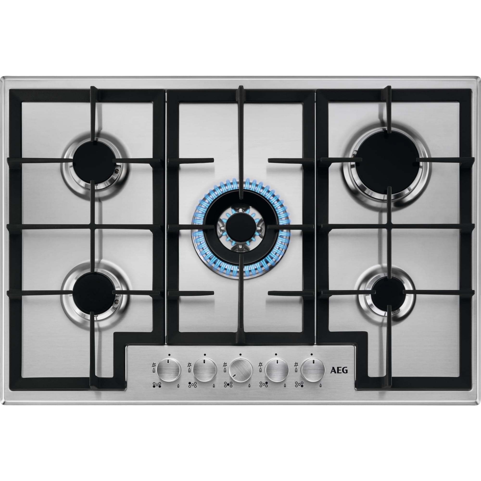 AEG HGB75400SM Piano Cottura a Gas da Incasso 75 cm, 5 Fuochi con Speed Burner e Bruciatore Wok, Griglie in Ghisa, Sistema di sicurezza, Design Professionale, Acciaio Inox