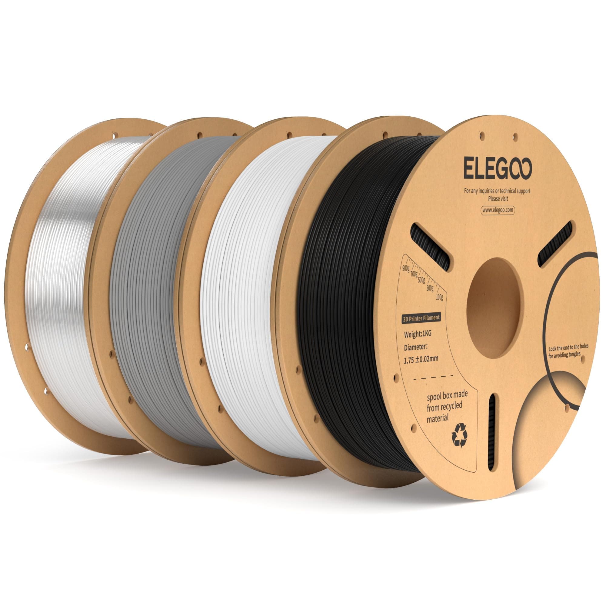 ELEGOO Filamento PLA+ 1.75 4KG Negro, Blanco, Gris, Traslúcido, Precisión Dimensional +/- 0.02mm, Carrete Filamento para Mayoría Impresoras 3D