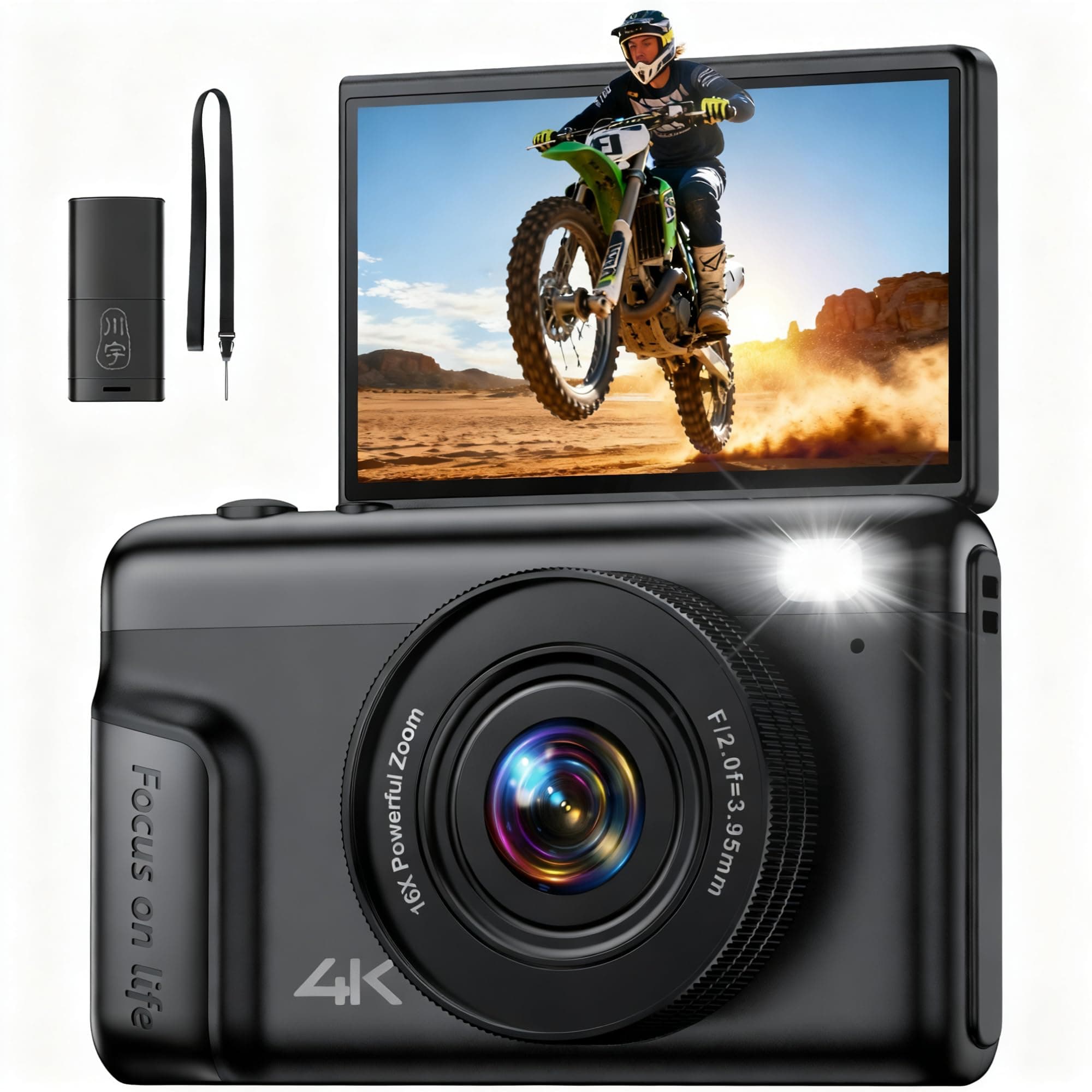 4K Digital Camara de Fotos Compacta: 64MP Profesional Video Cámara con 16X Zoom IPS Pantalla Abatible - Regalo para Principiantes Adultos - Baratas Vlog Camera Niño Niña