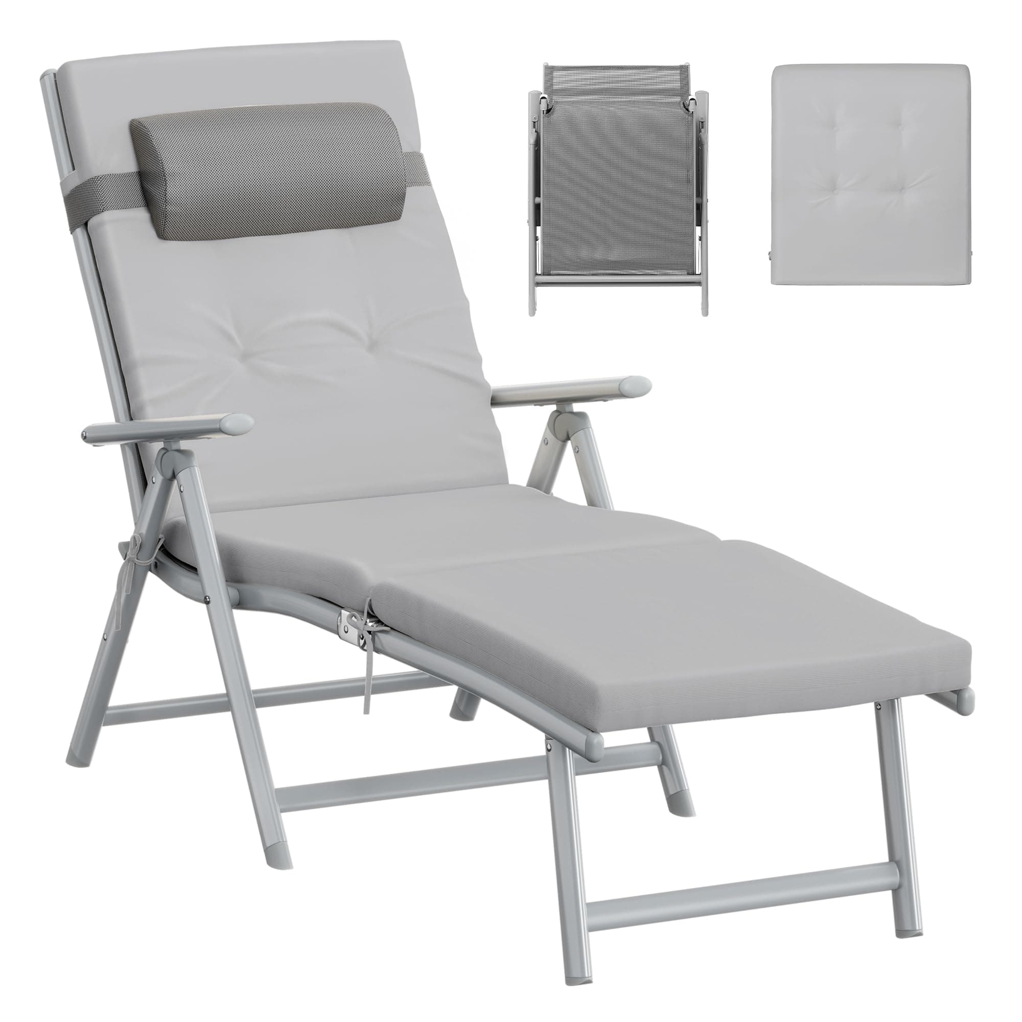 SONGMICS Sonnenliege, klappbar, Liegestuhl mit 6 cm dickem Polster, abnehmbares Kopfkissen, atmungsaktiv, einstellbare Rückenlehne, bis 150 kg belastbar, grau GCB24GY